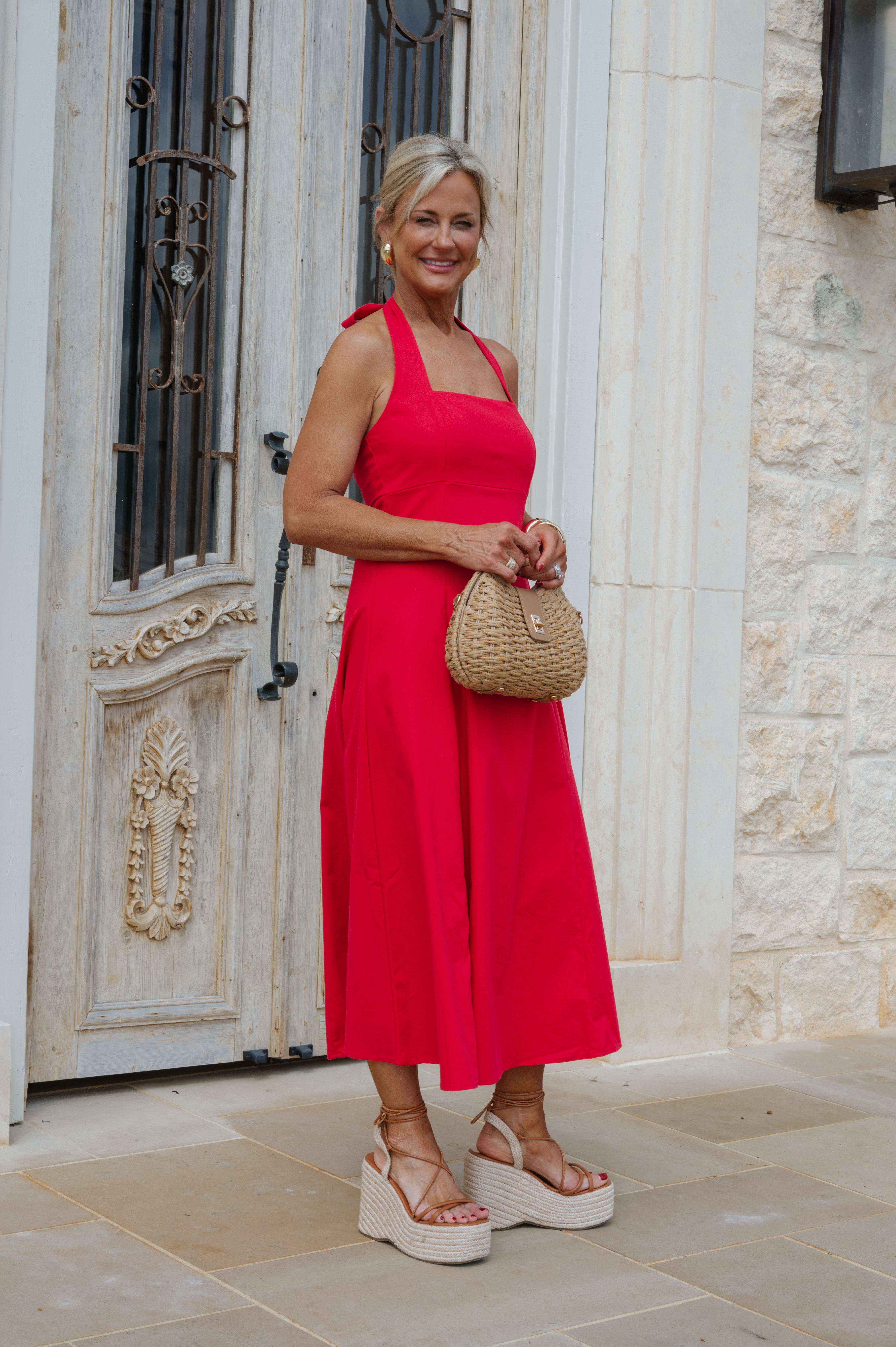 Jane Halter Midi Dress-Red