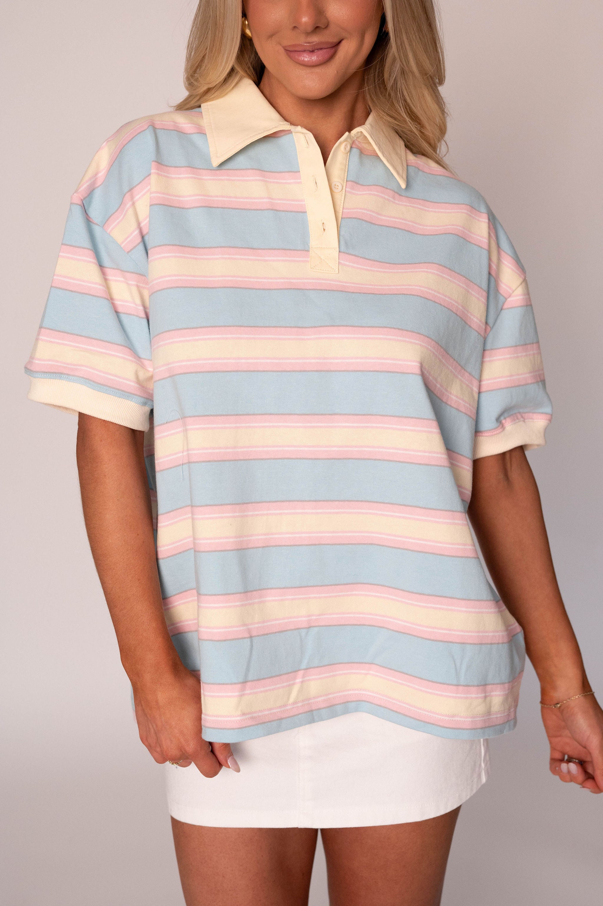 Sully Striped Polo Top-Light Blue/Pink