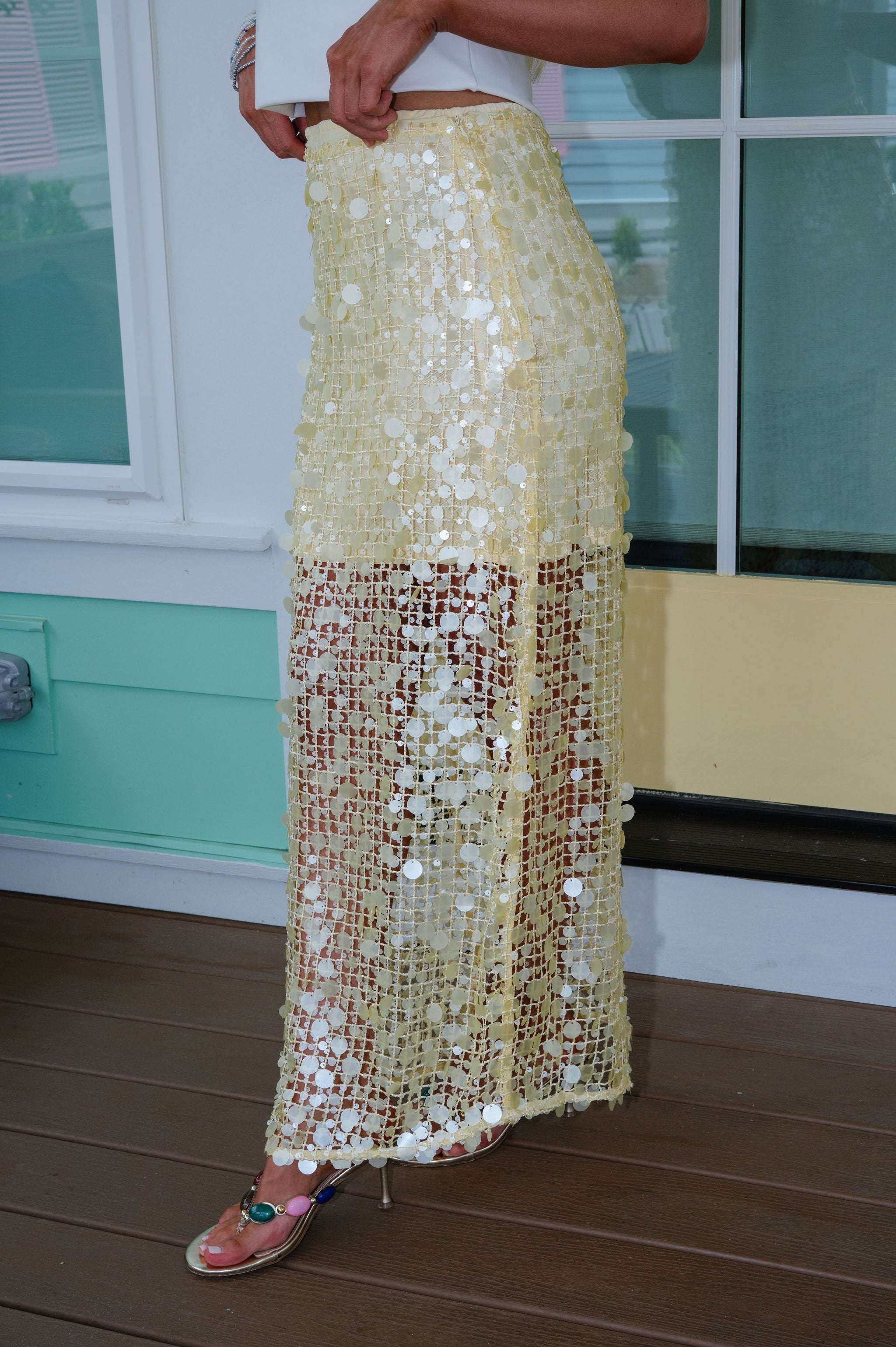 Sequin Mesh Maxi Skirt-Yellow