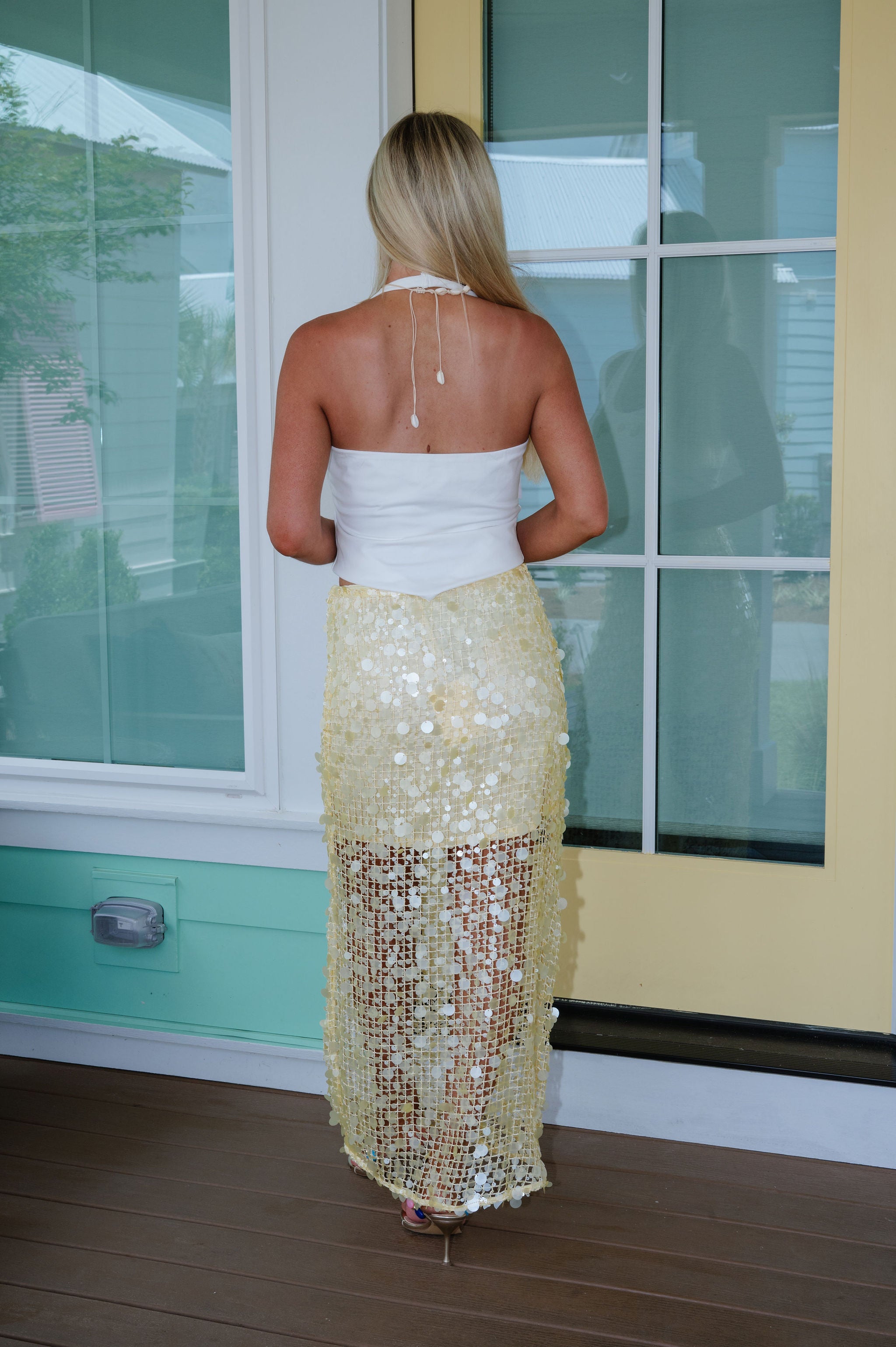 Sequin Mesh Maxi Skirt-Yellow