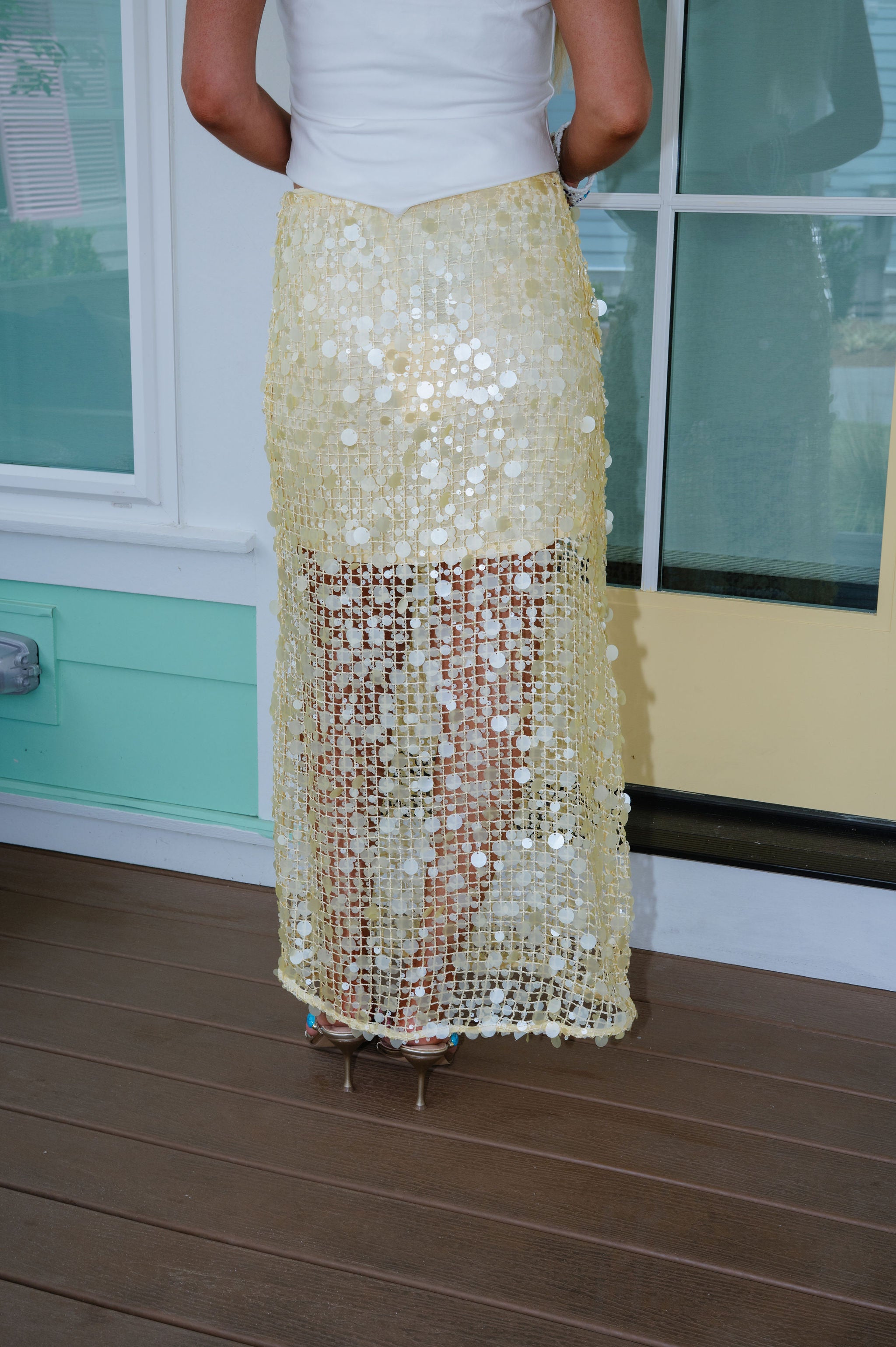 Sequin Mesh Maxi Skirt-Yellow