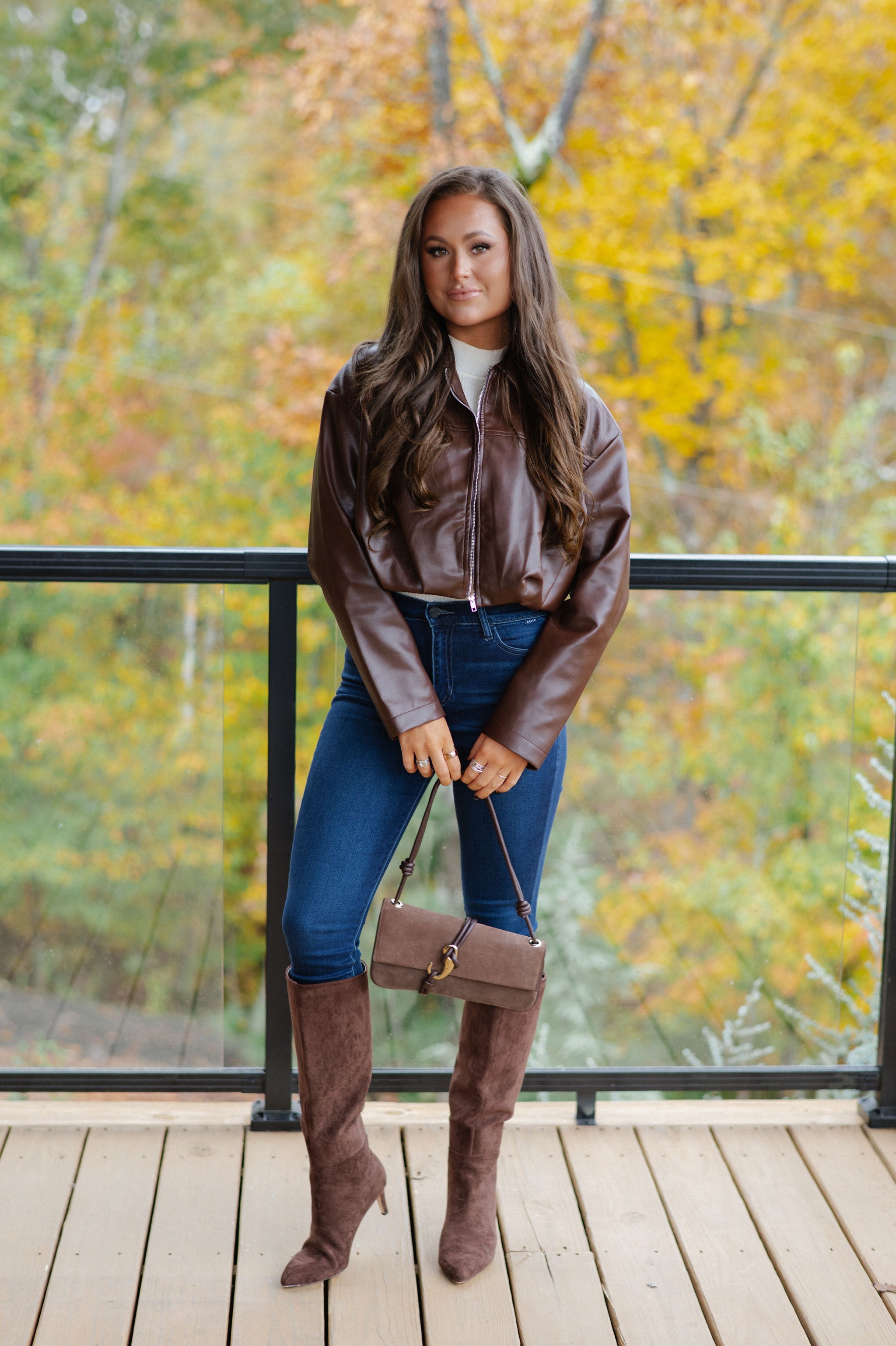 Leather Pleated Bubble Hem Jacket-Chocolate Brown