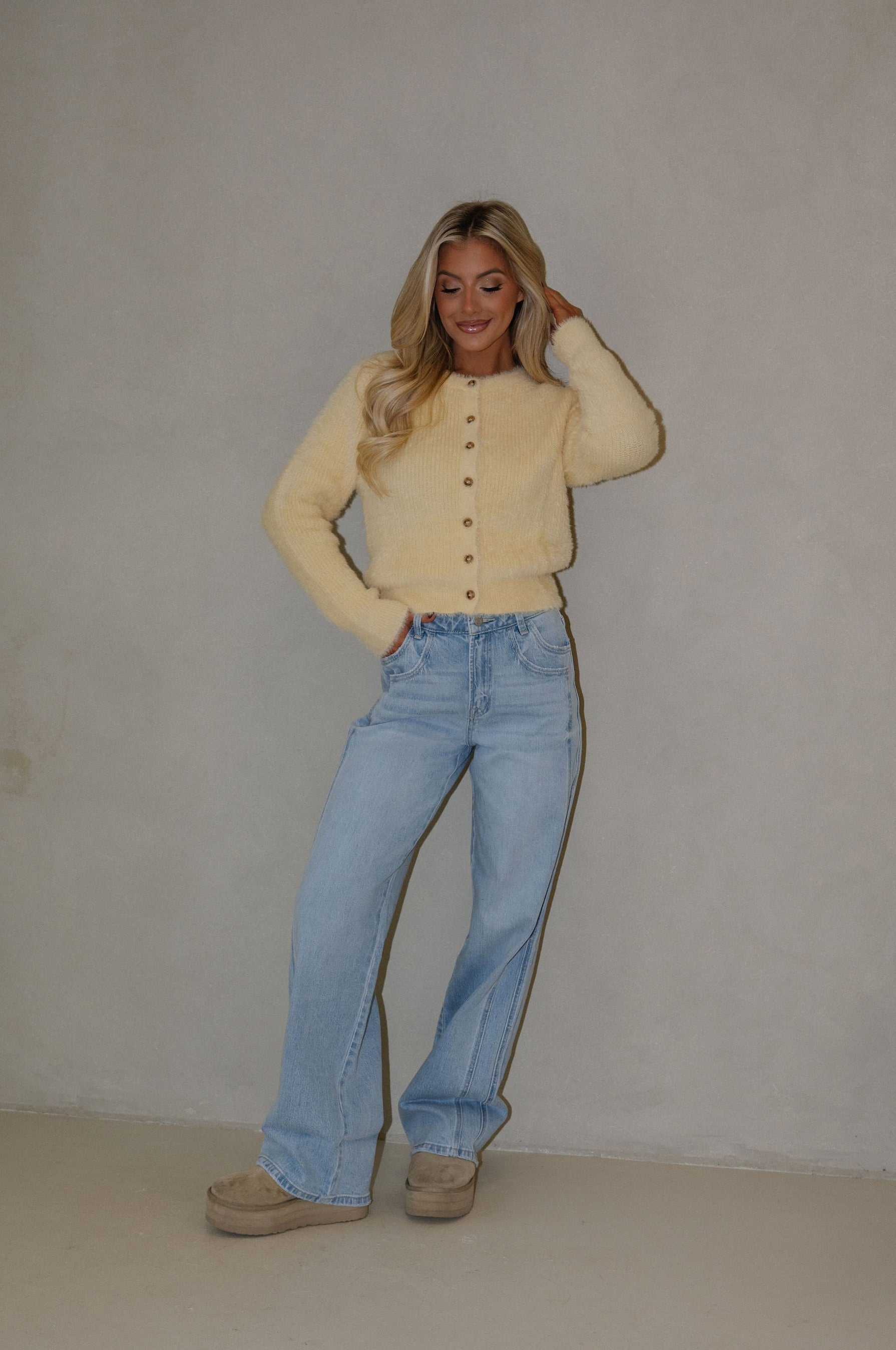 Quinn Fuzzy Cardigan-Butter Yellow