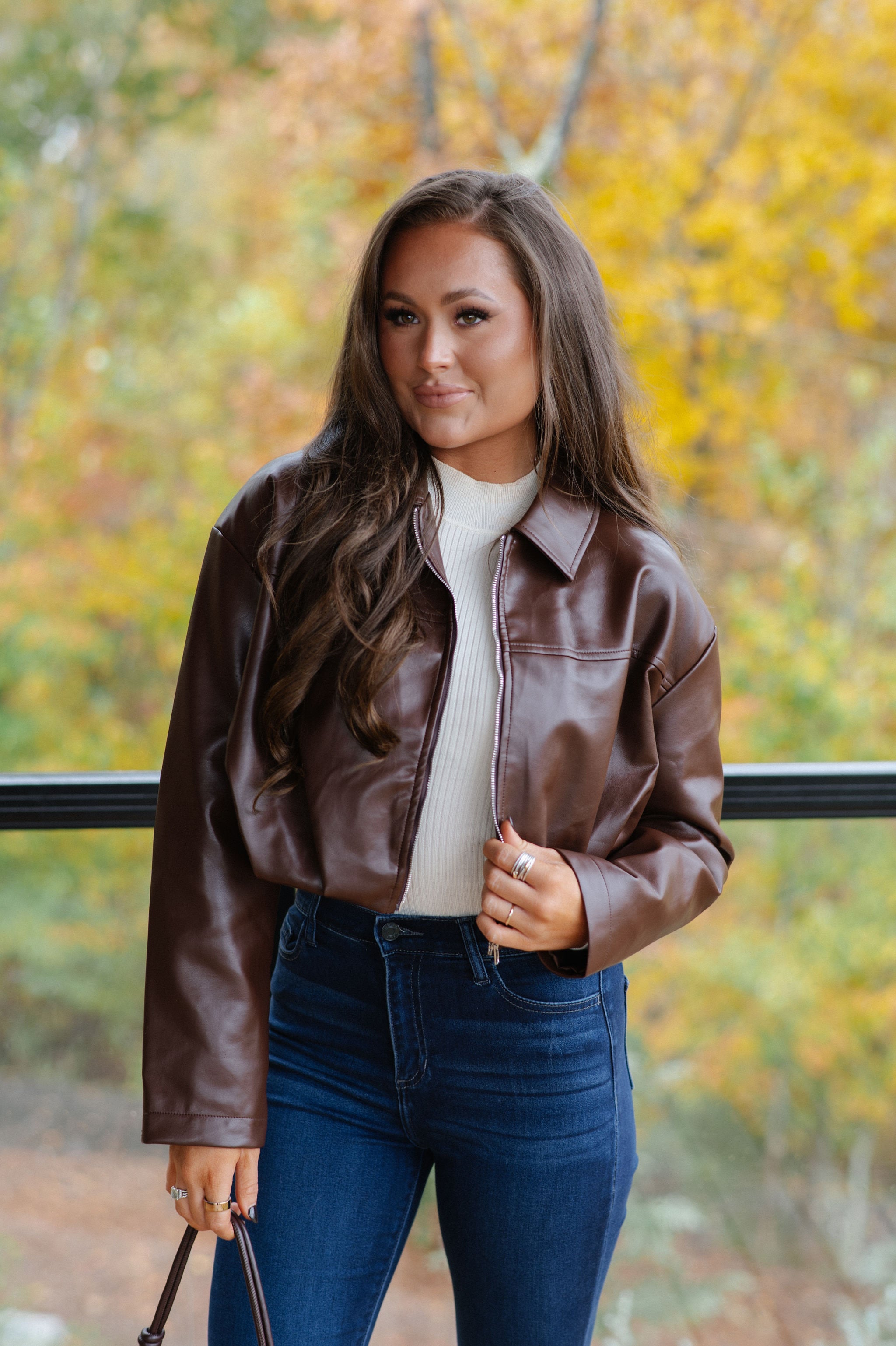 Leather Pleated Bubble Hem Jacket-Chocolate Brown