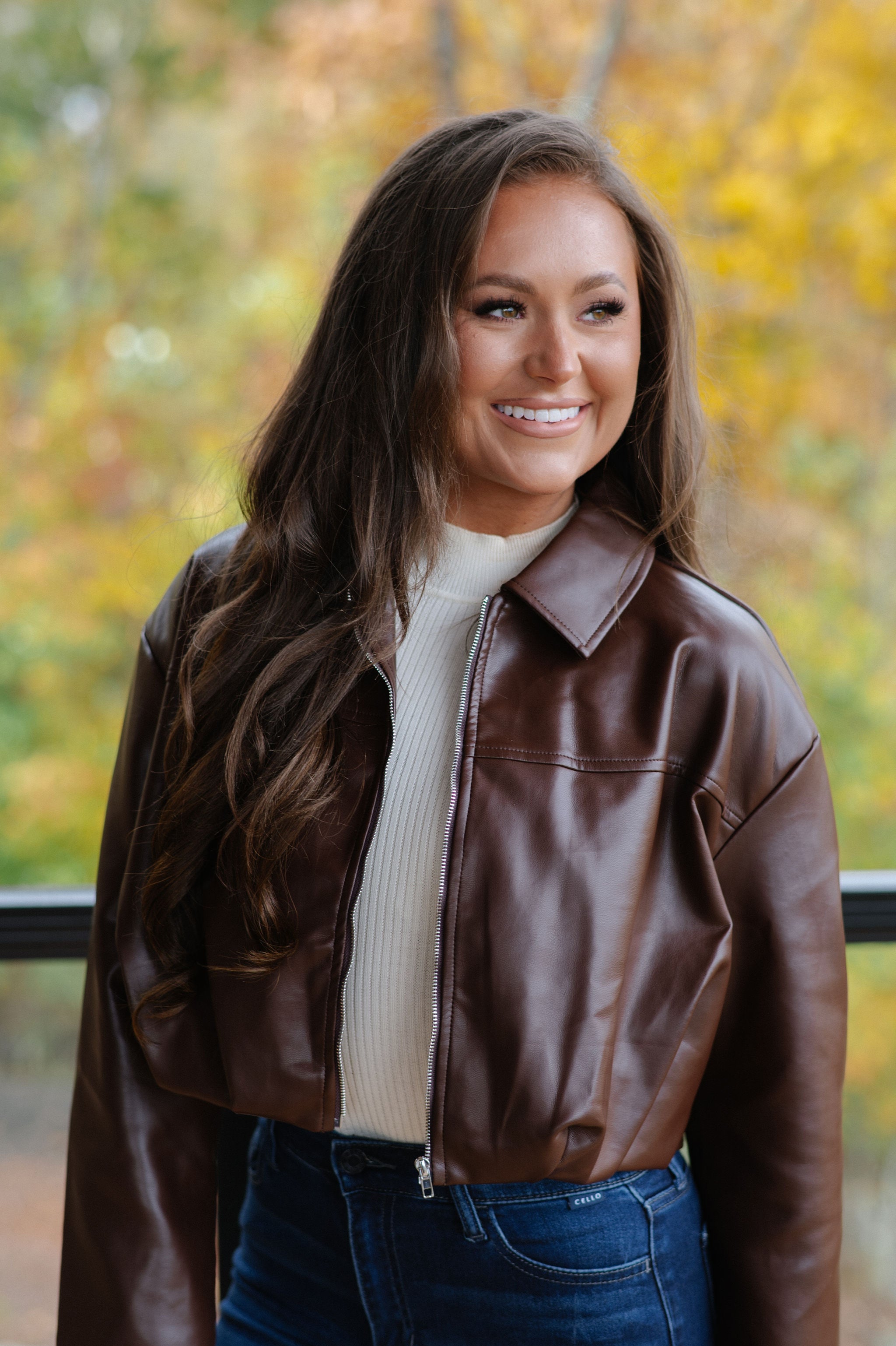 Leather Pleated Bubble Hem Jacket-Chocolate Brown