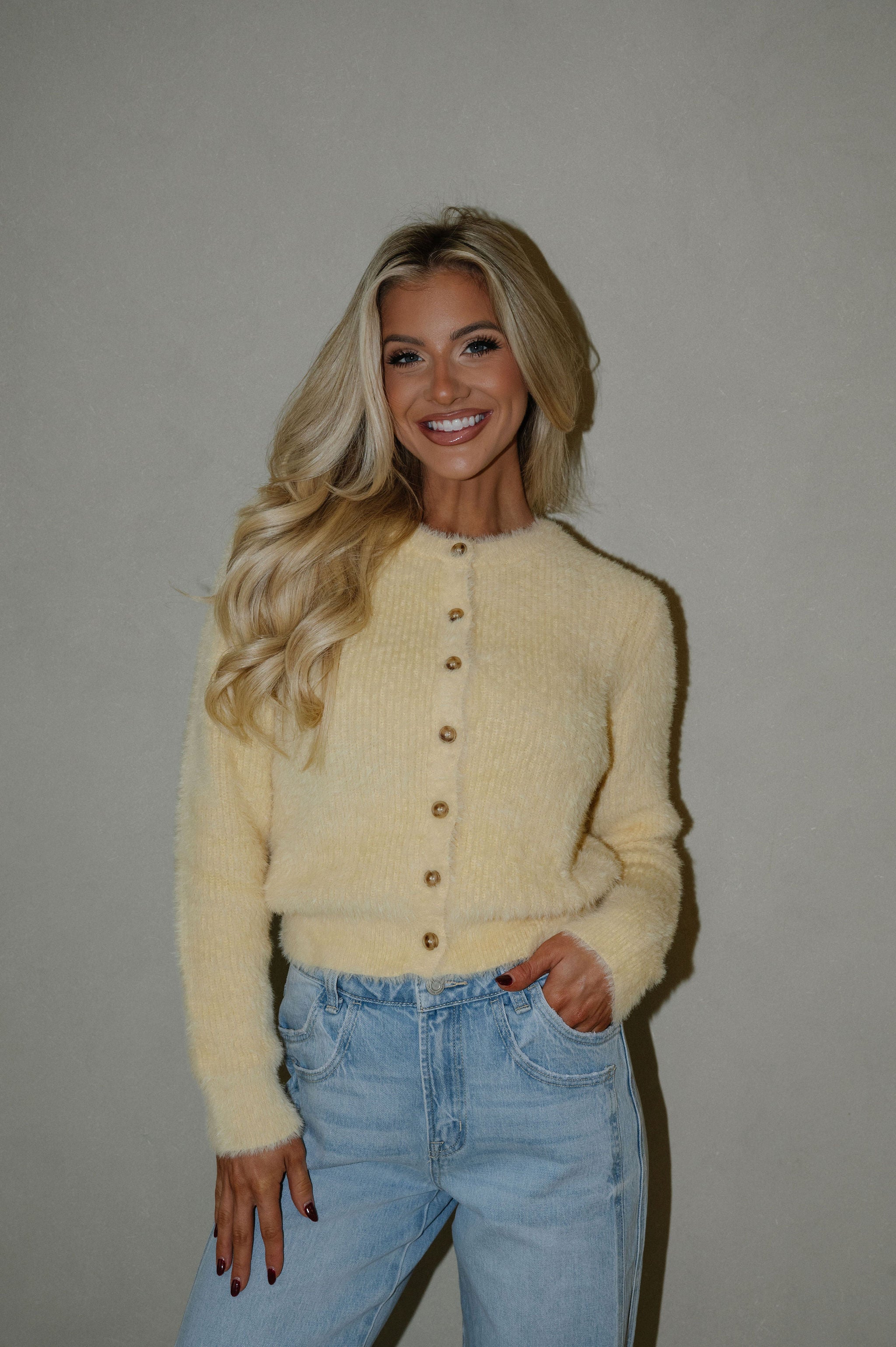 Quinn Fuzzy Cardigan-Butter Yellow