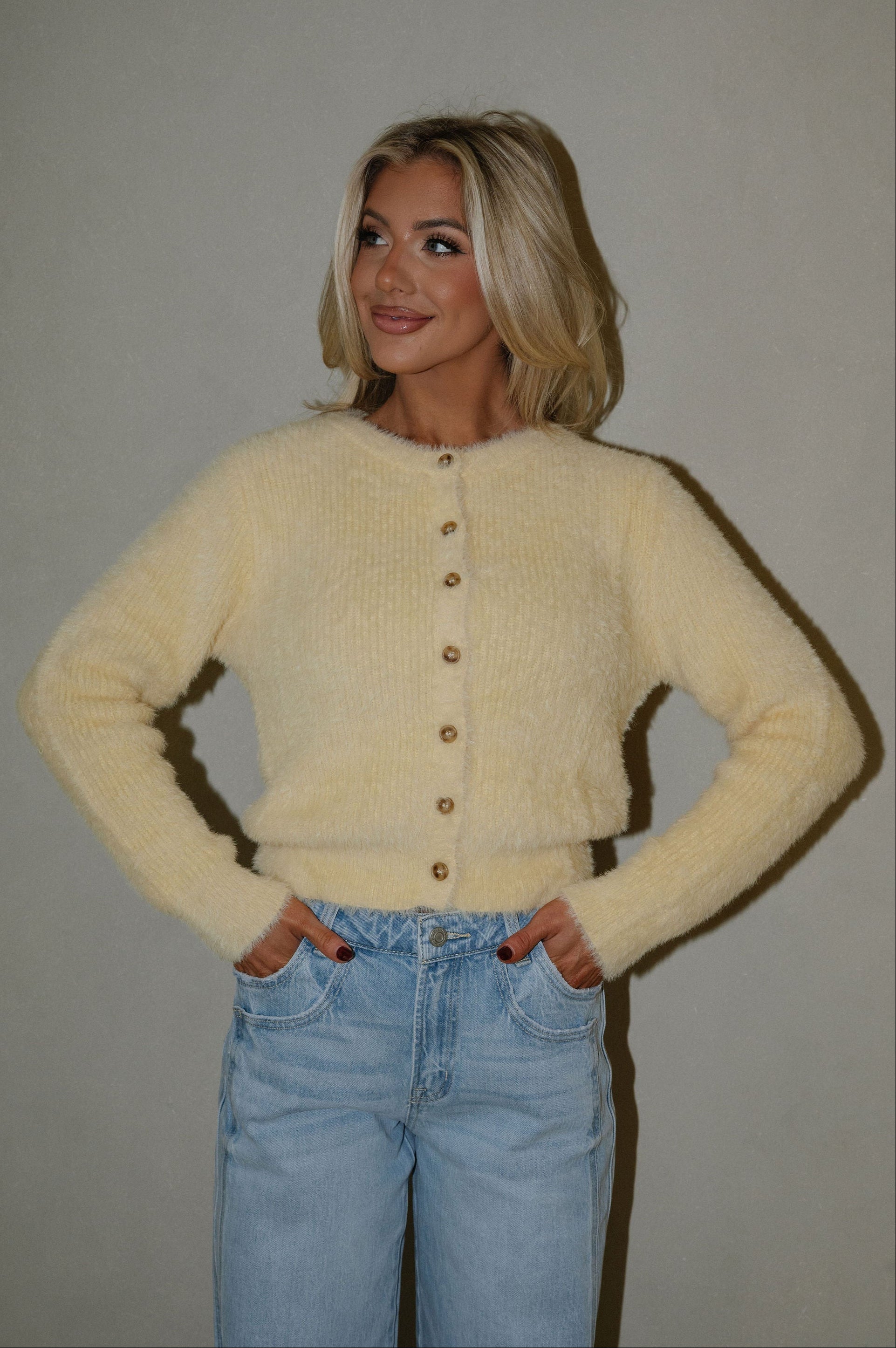 Quinn Fuzzy Cardigan-Butter Yellow