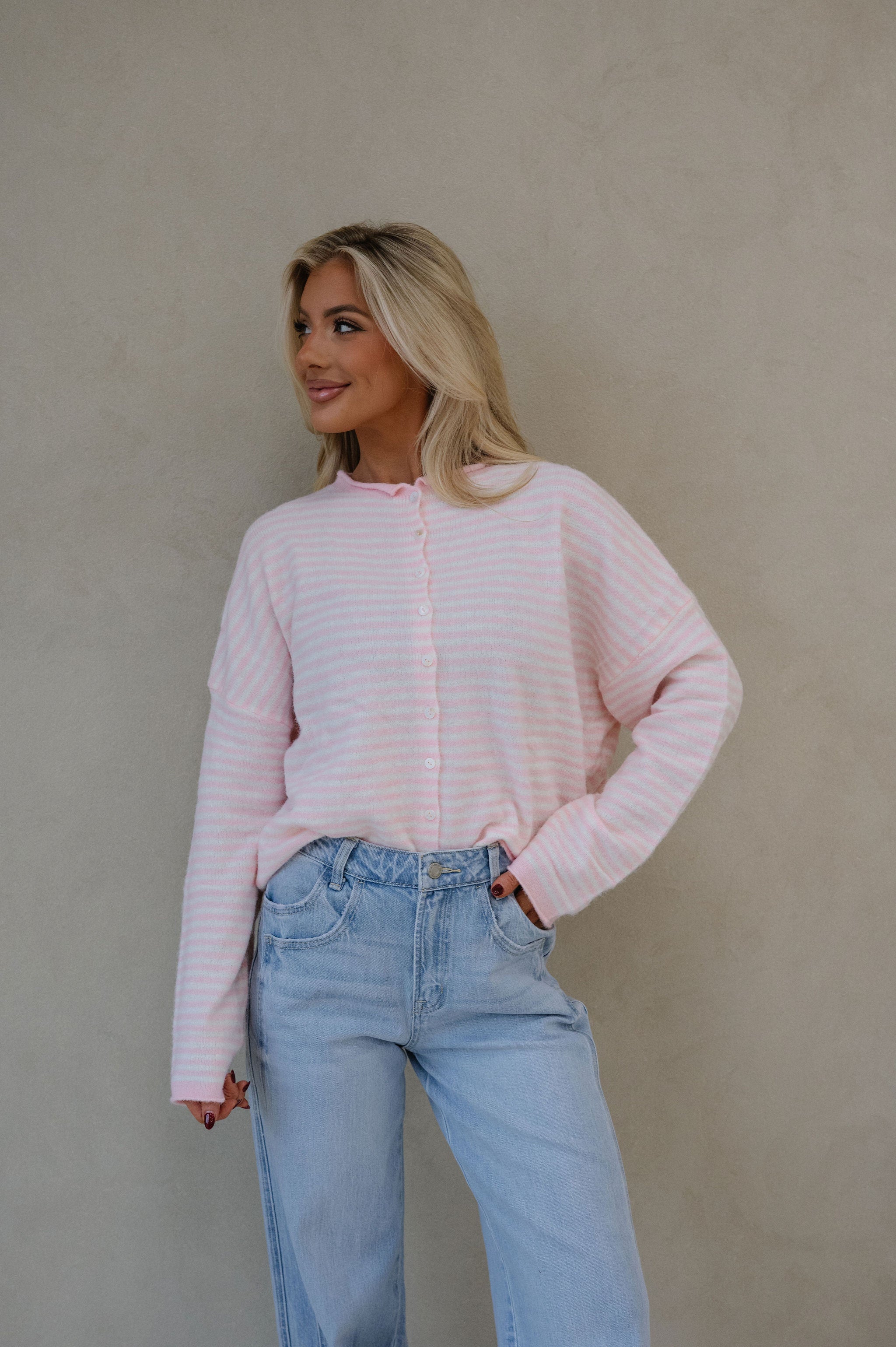 Mallory Mini Striped Cardigan-Pink