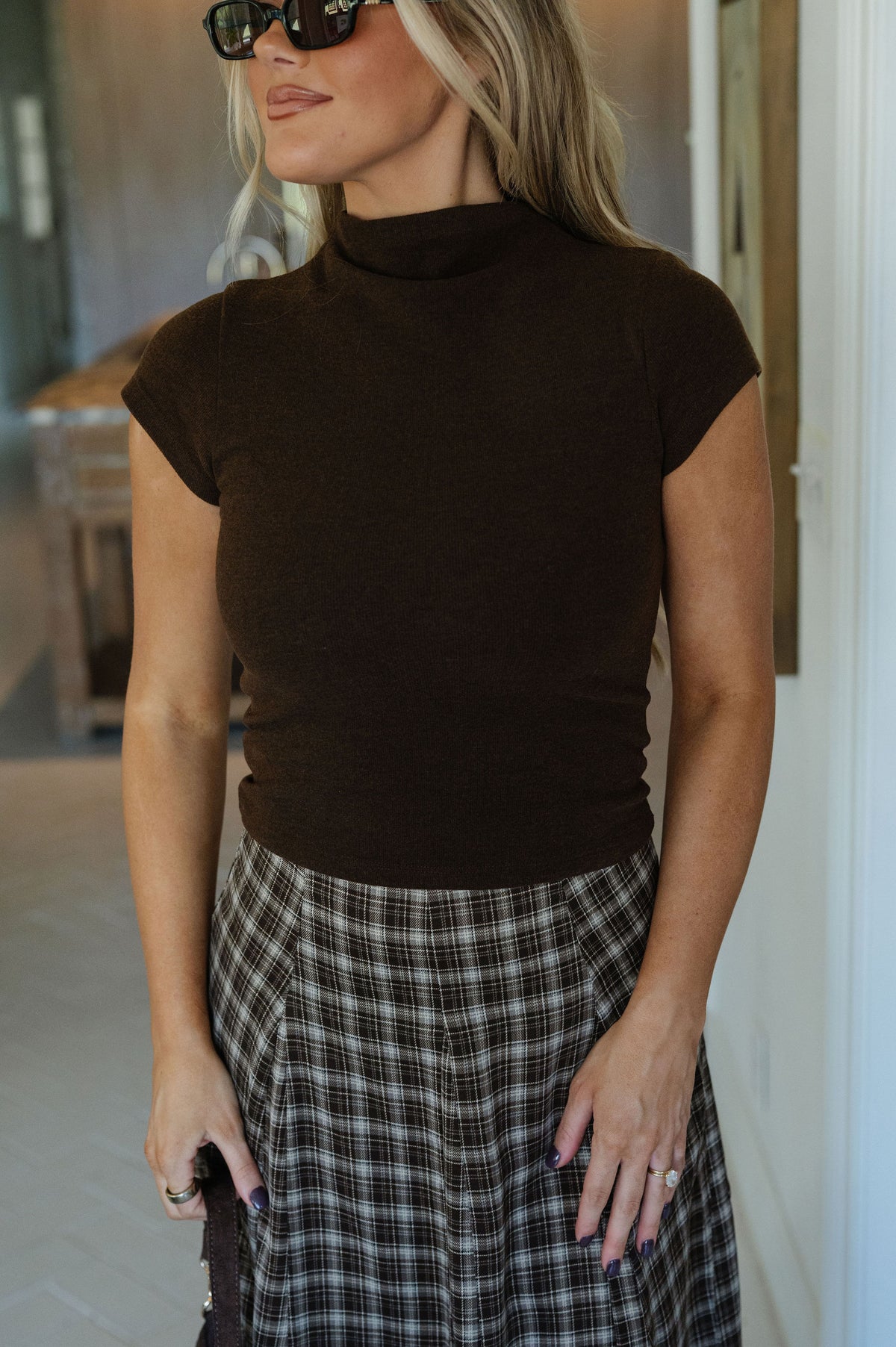 Farrah Mock Neck Knit Top-Brown
