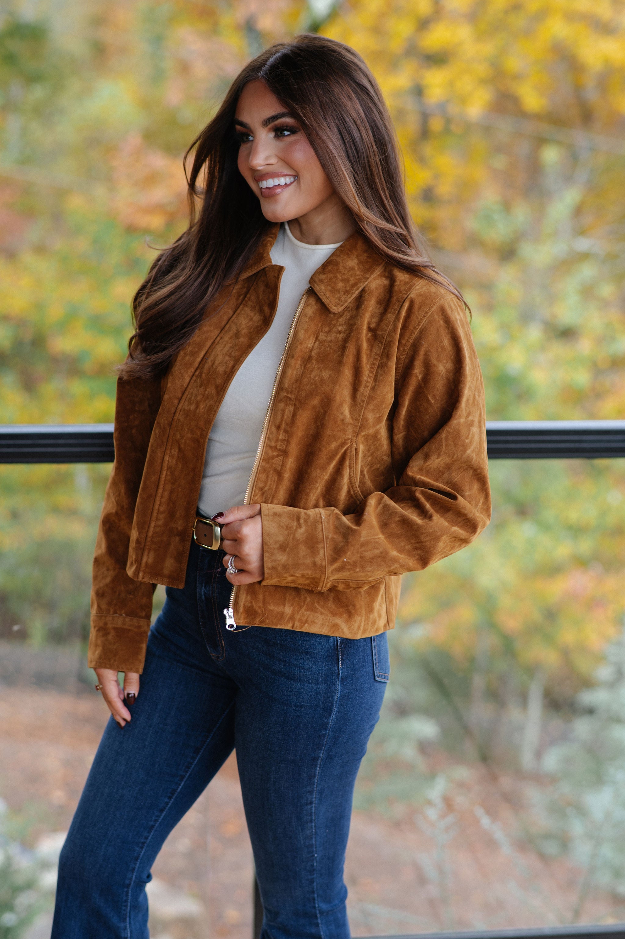 Faux Suede Collar Jacket-Camel