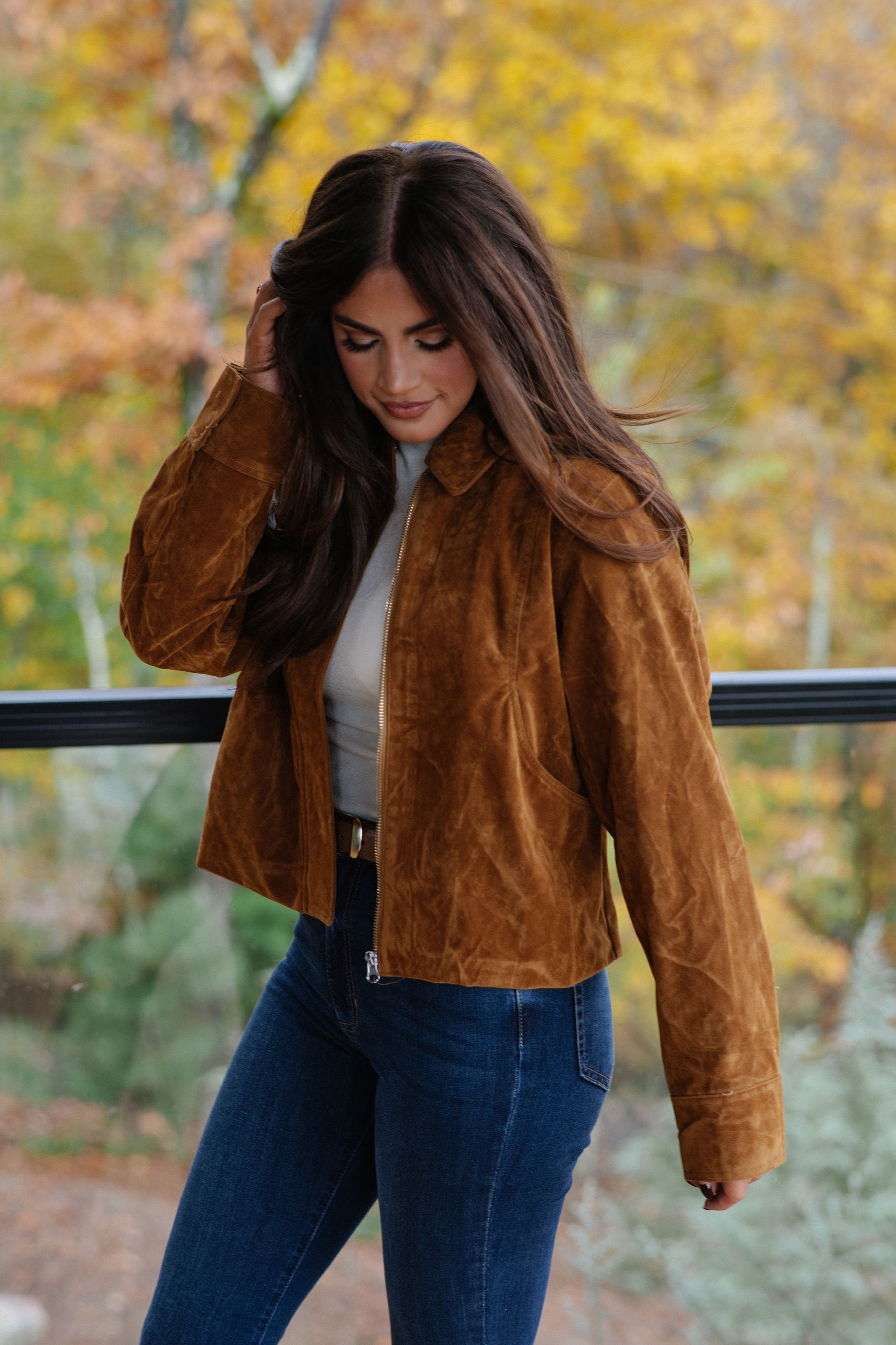 Faux Suede Collar Jacket-Camel