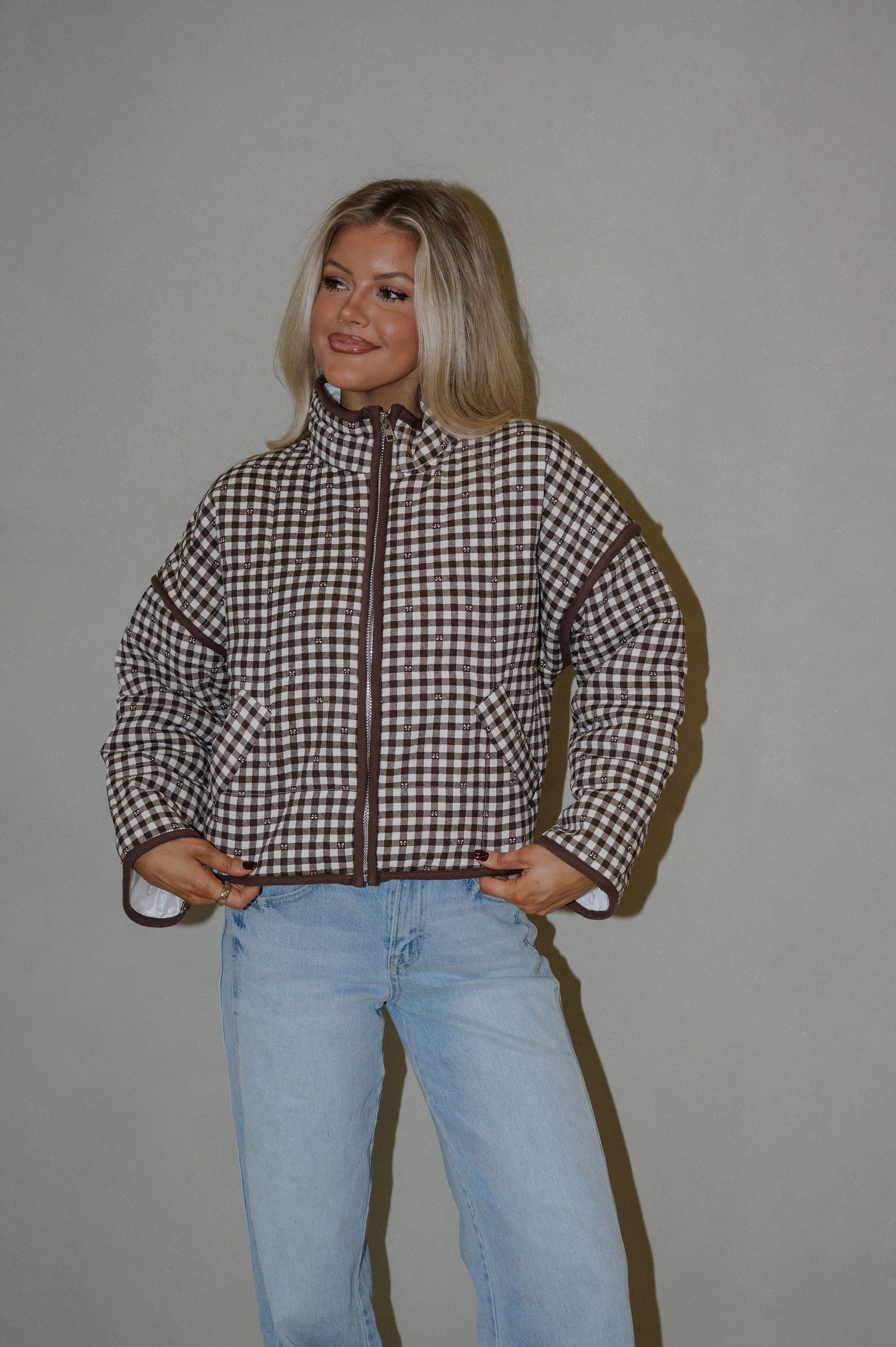 Barclay Gingham Jacket-Brown/Off White