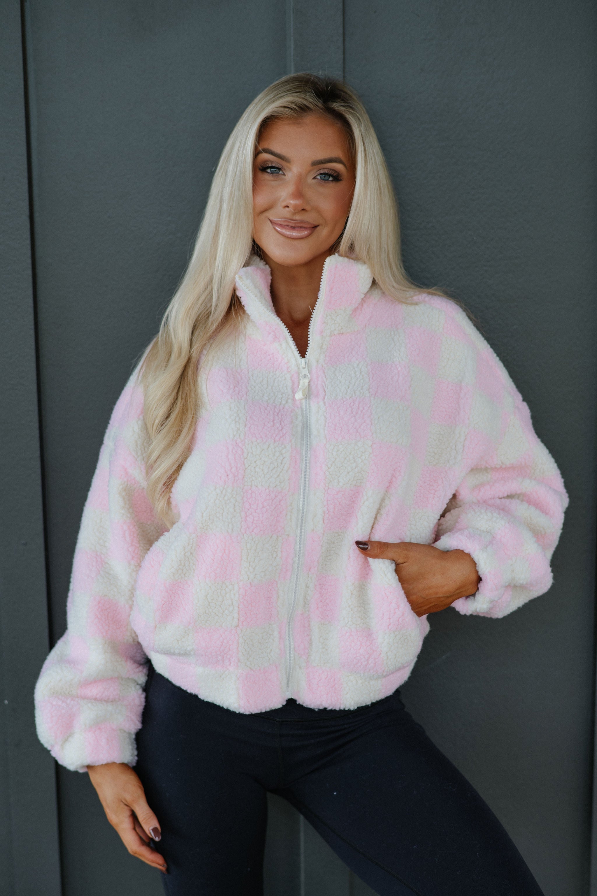 Alayna Checkered Jacket-Pink