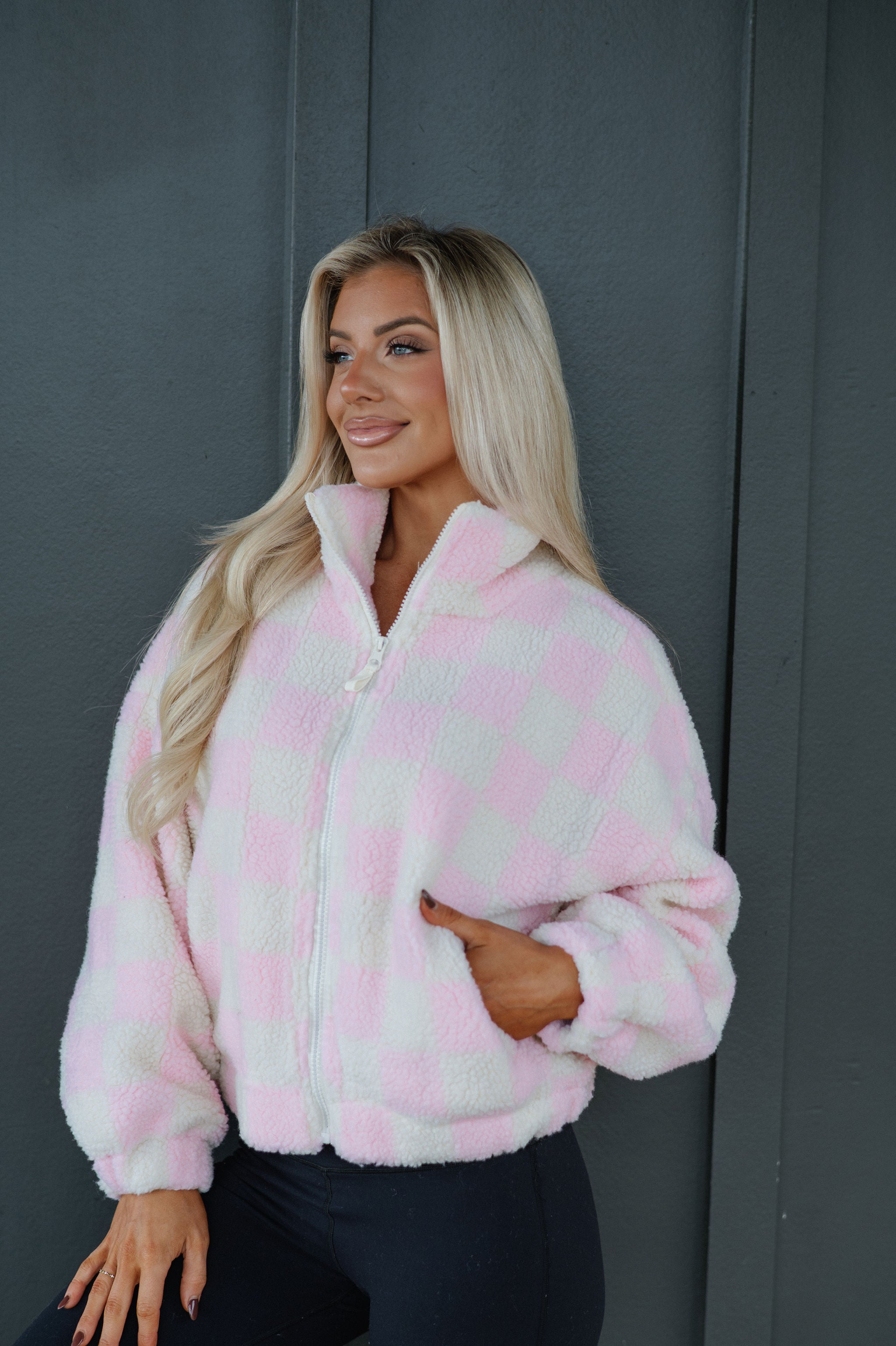 Alayna Checkered Jacket-Pink