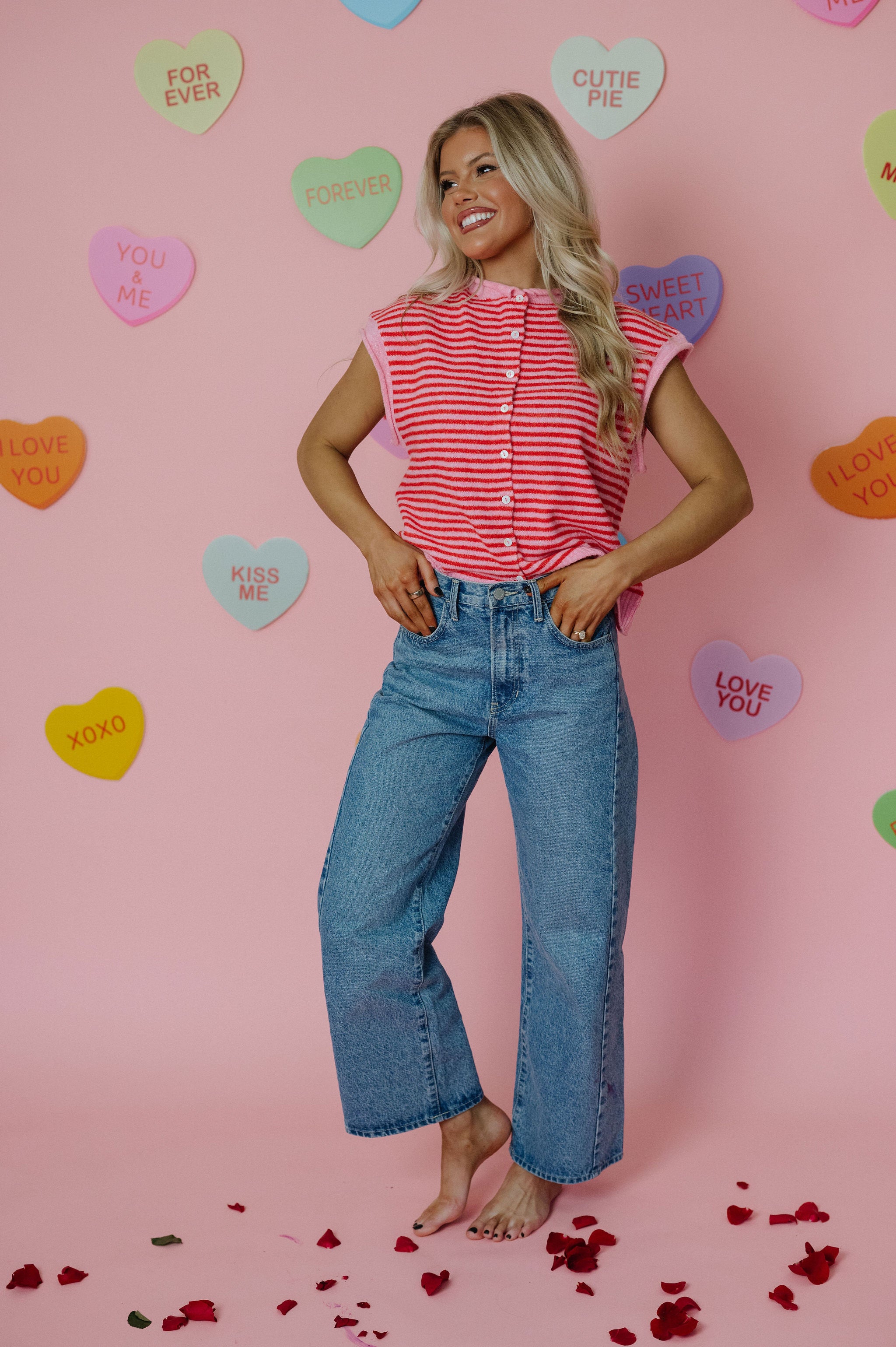 Striped Piper Vest Cardigan-Pink