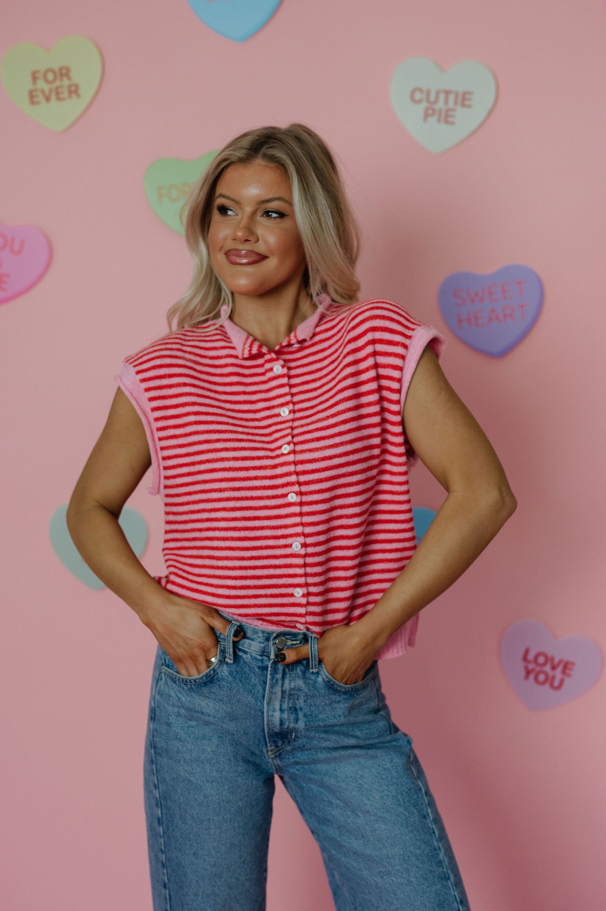 Striped Piper Vest Cardigan-Pink