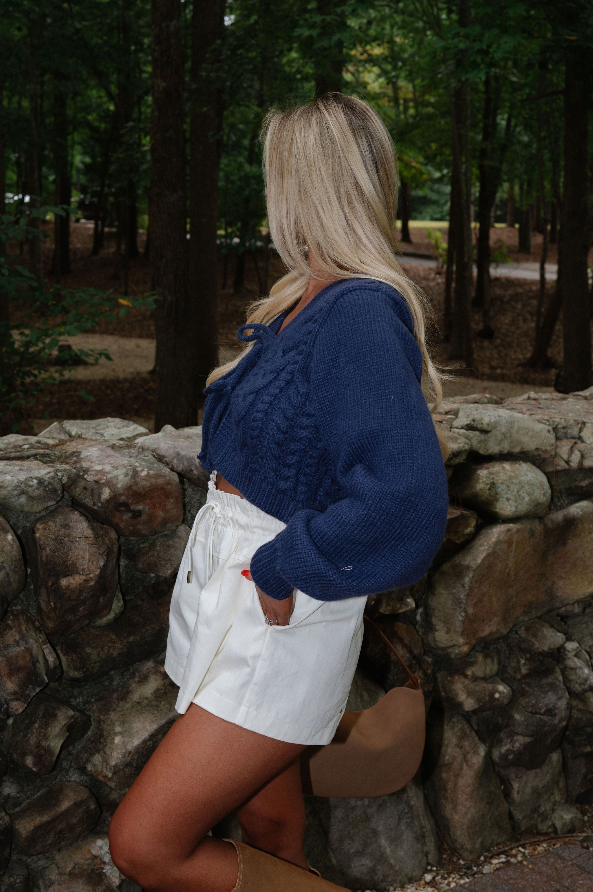 Cable Knit Front Tie Sweater-Navy