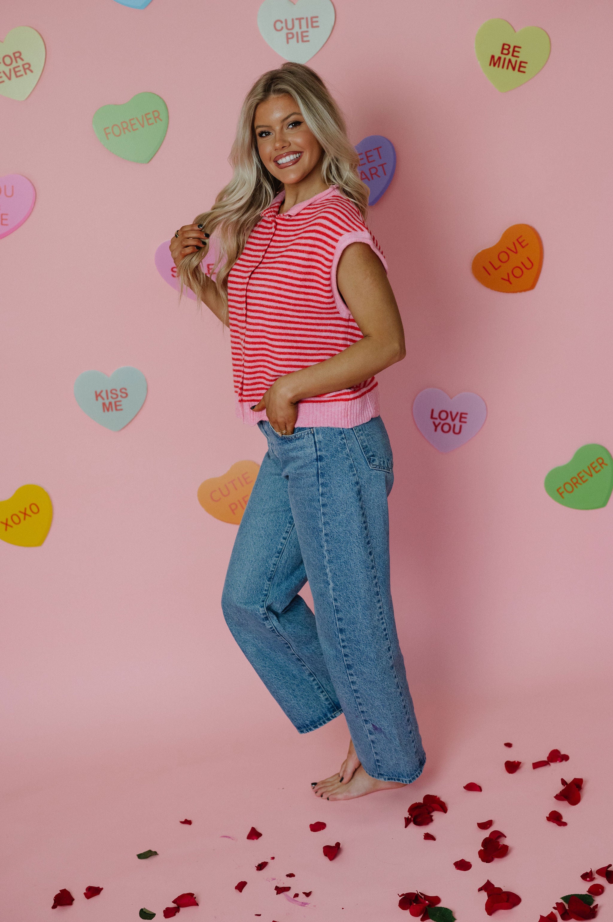 Striped Piper Vest Cardigan-Pink