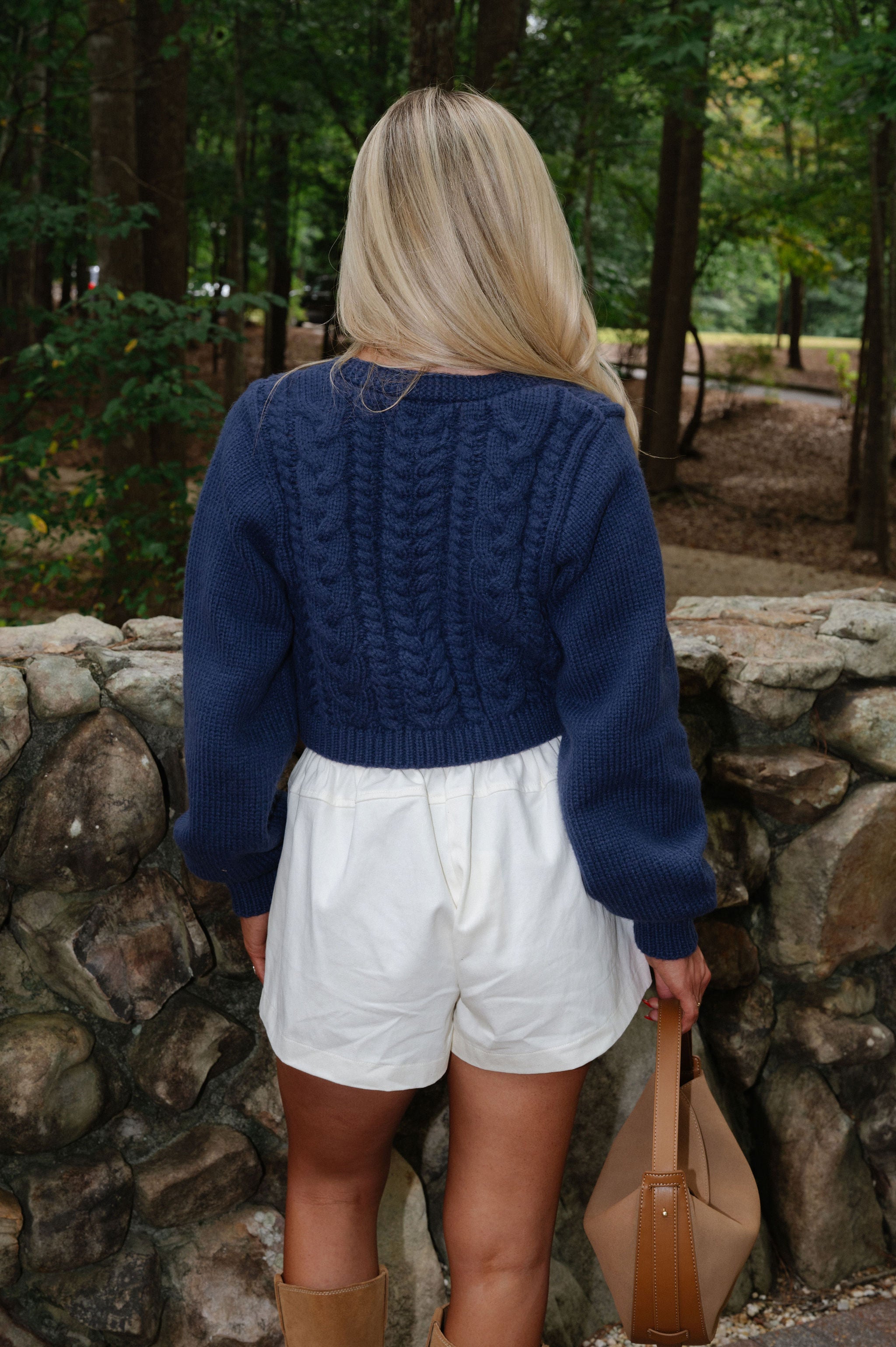 Cable Knit Front Tie Sweater-Navy