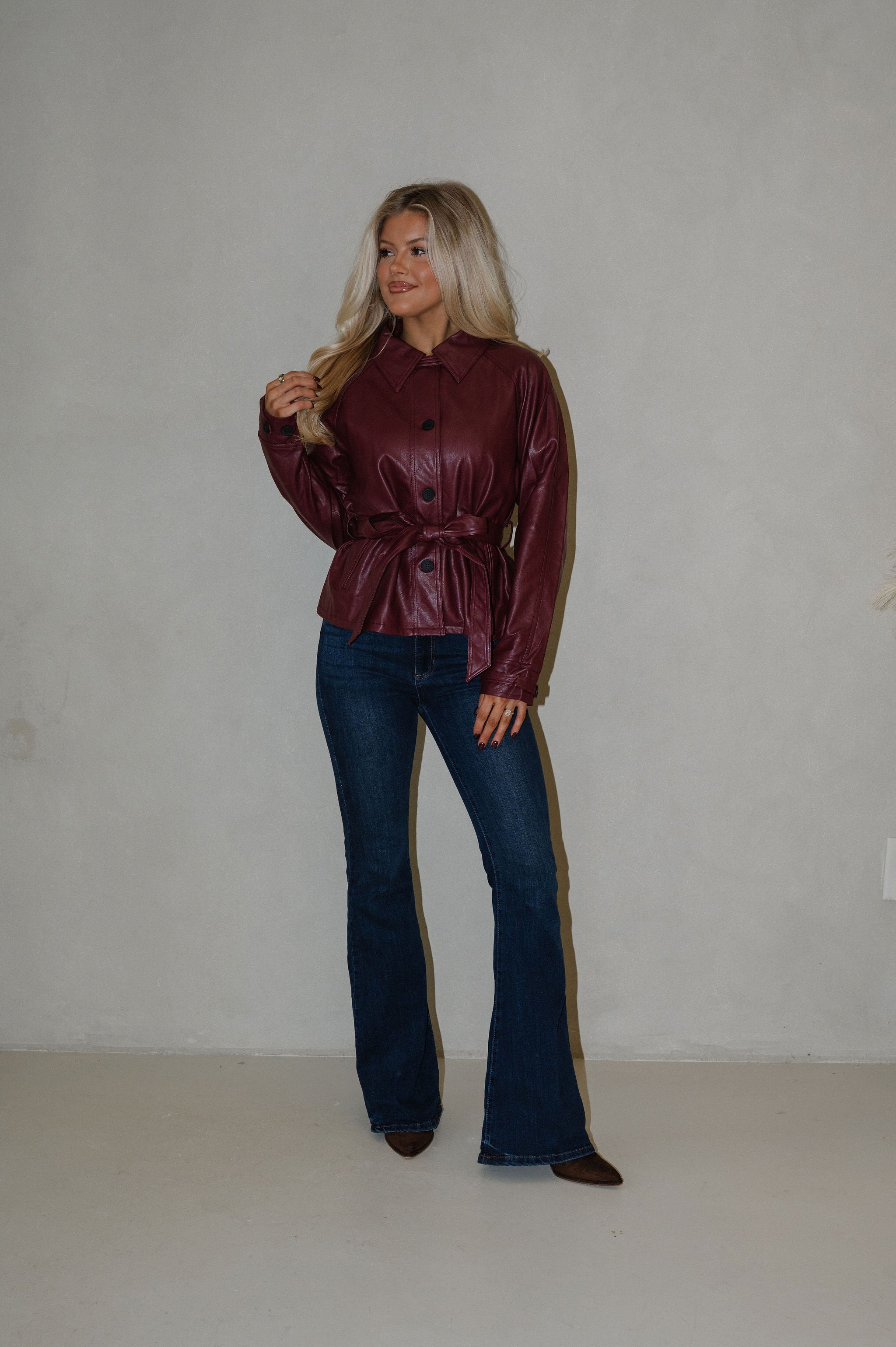 Cordle Faux Leather Shirt-Burgundy