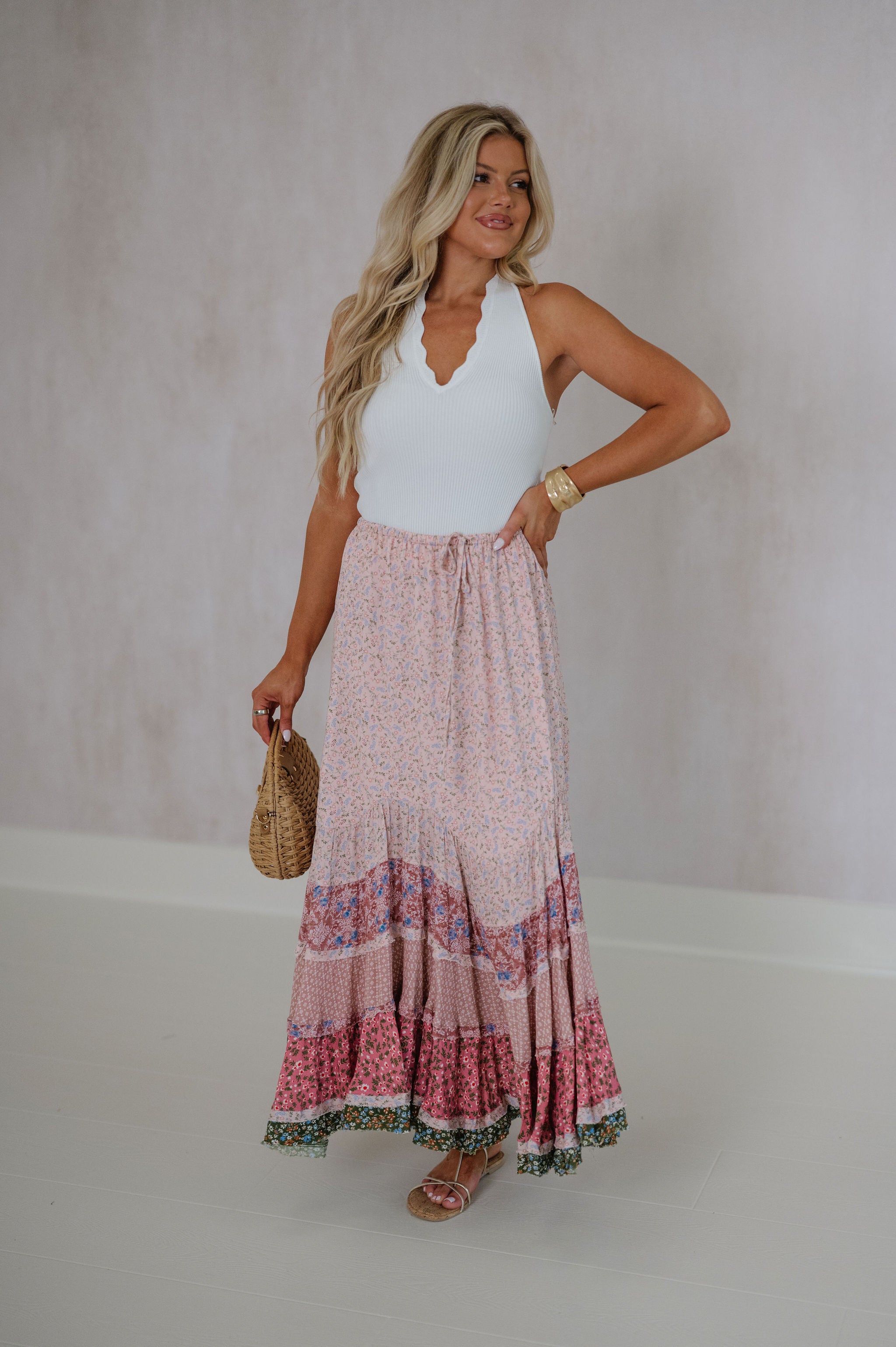Wavy Floral Printed Maxi Skirt