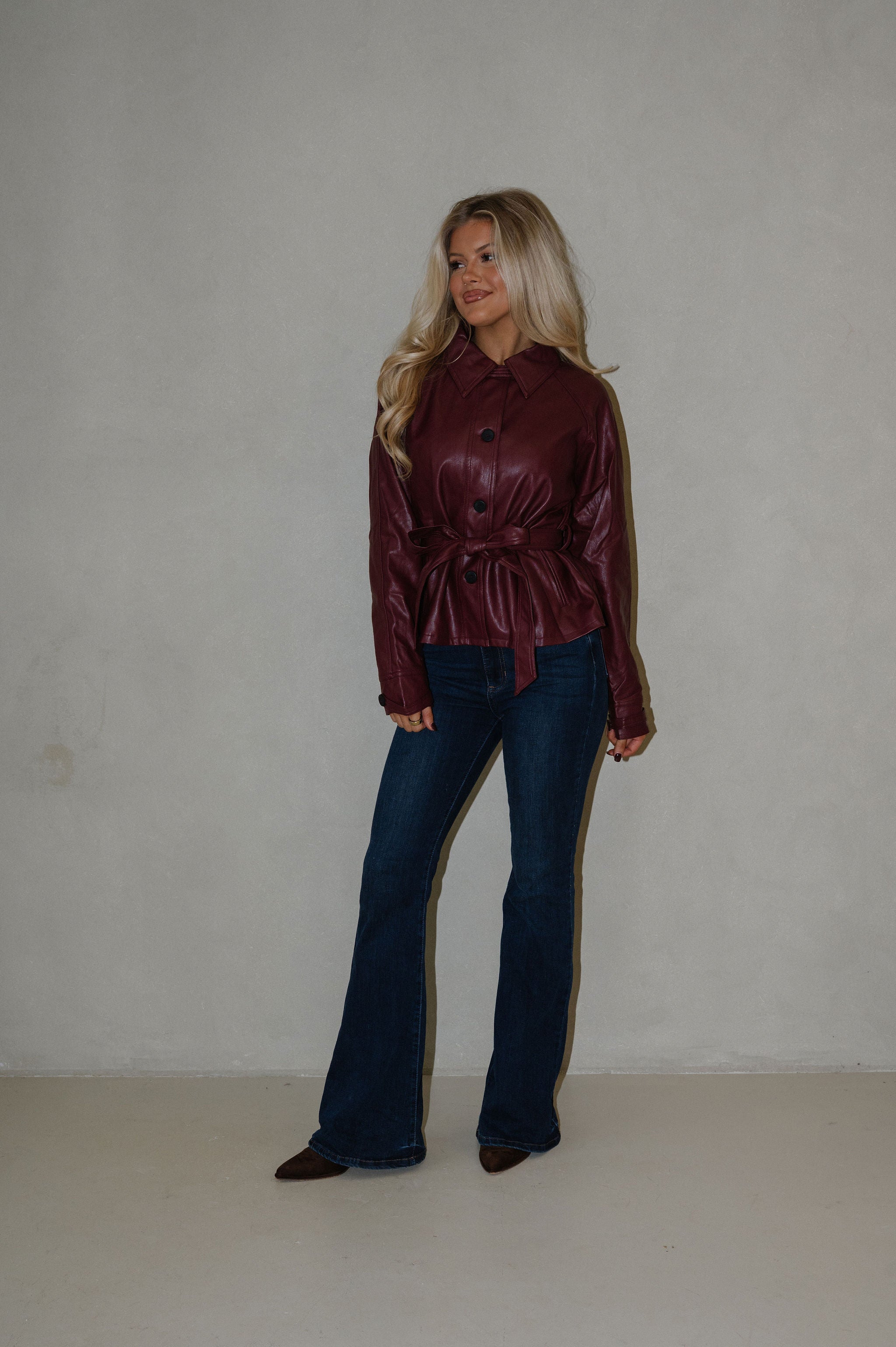 Cordle Faux Leather Shirt-Burgundy