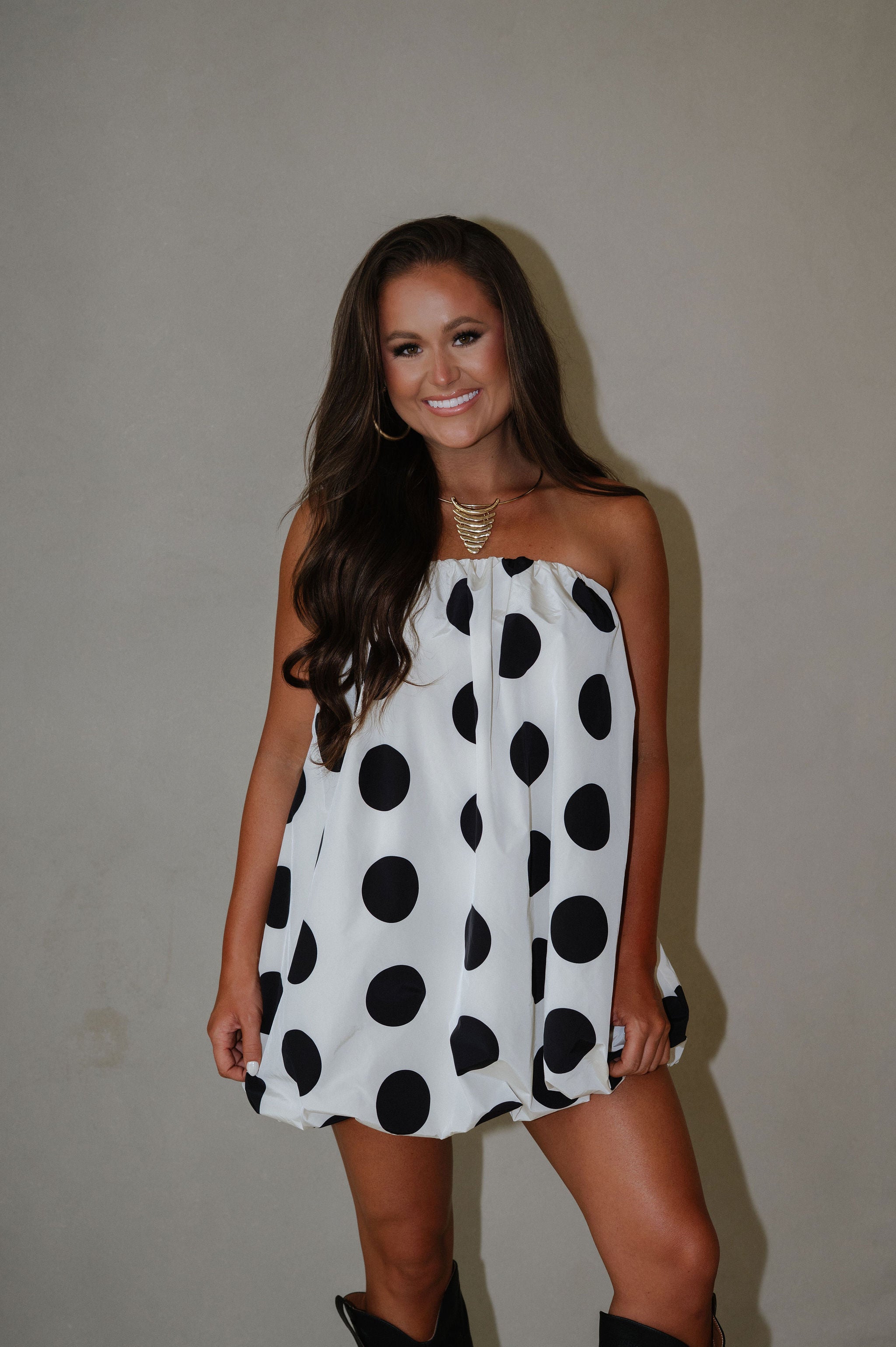 Strapless Polka Dot Bubble Mini Dress