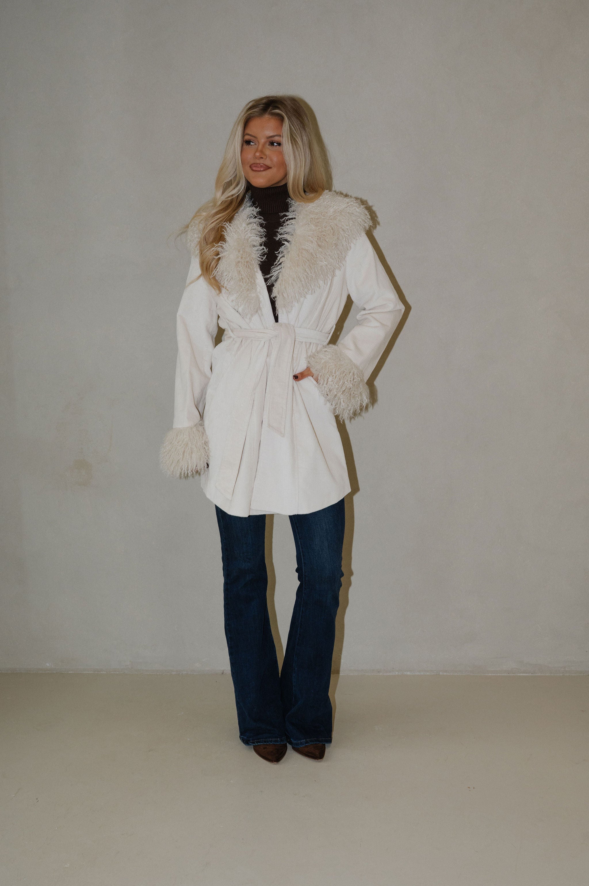 Ruth Fur Trim Coat-Ivory