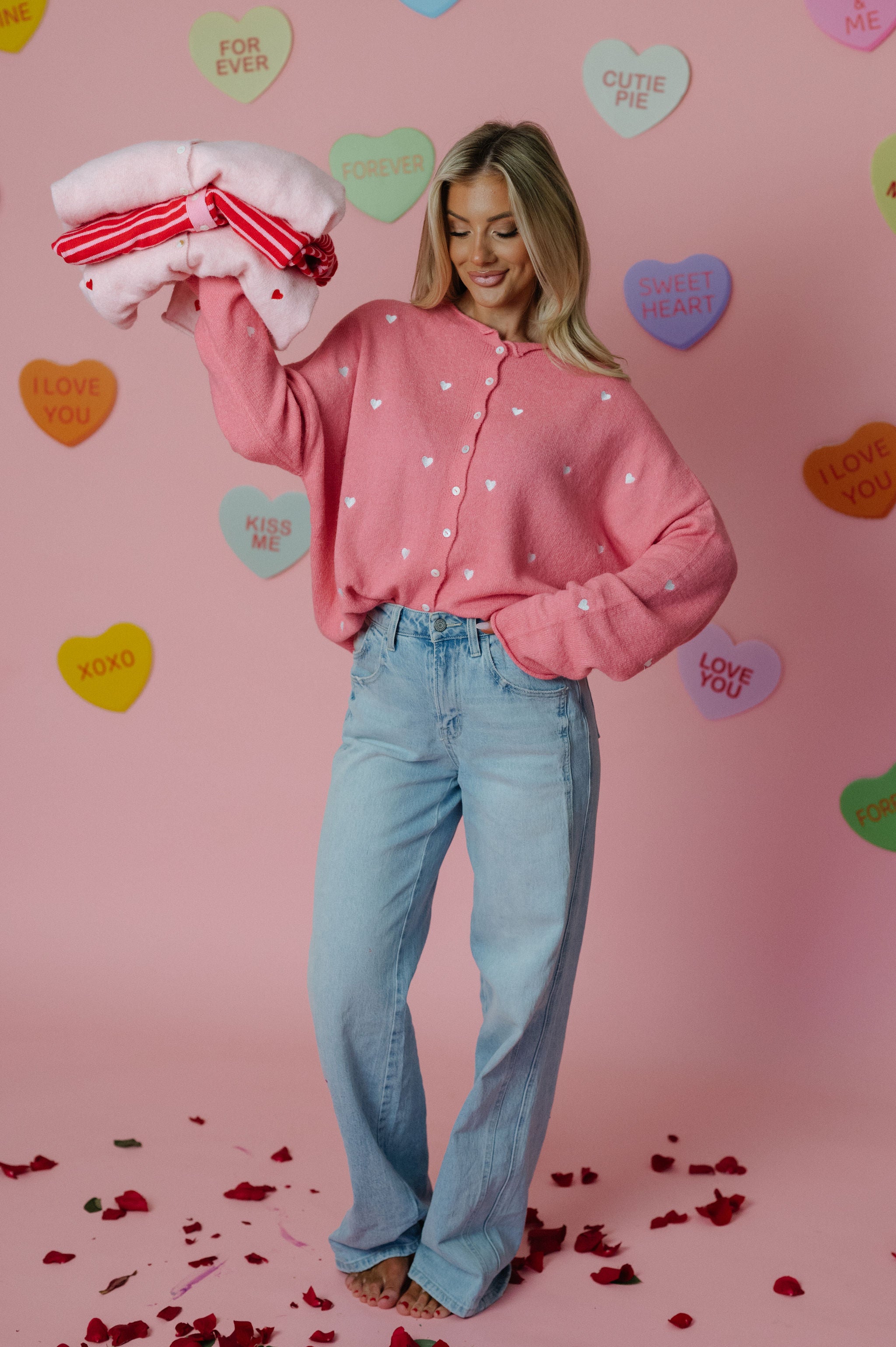 Heart Embroidered Cardigan-Rose