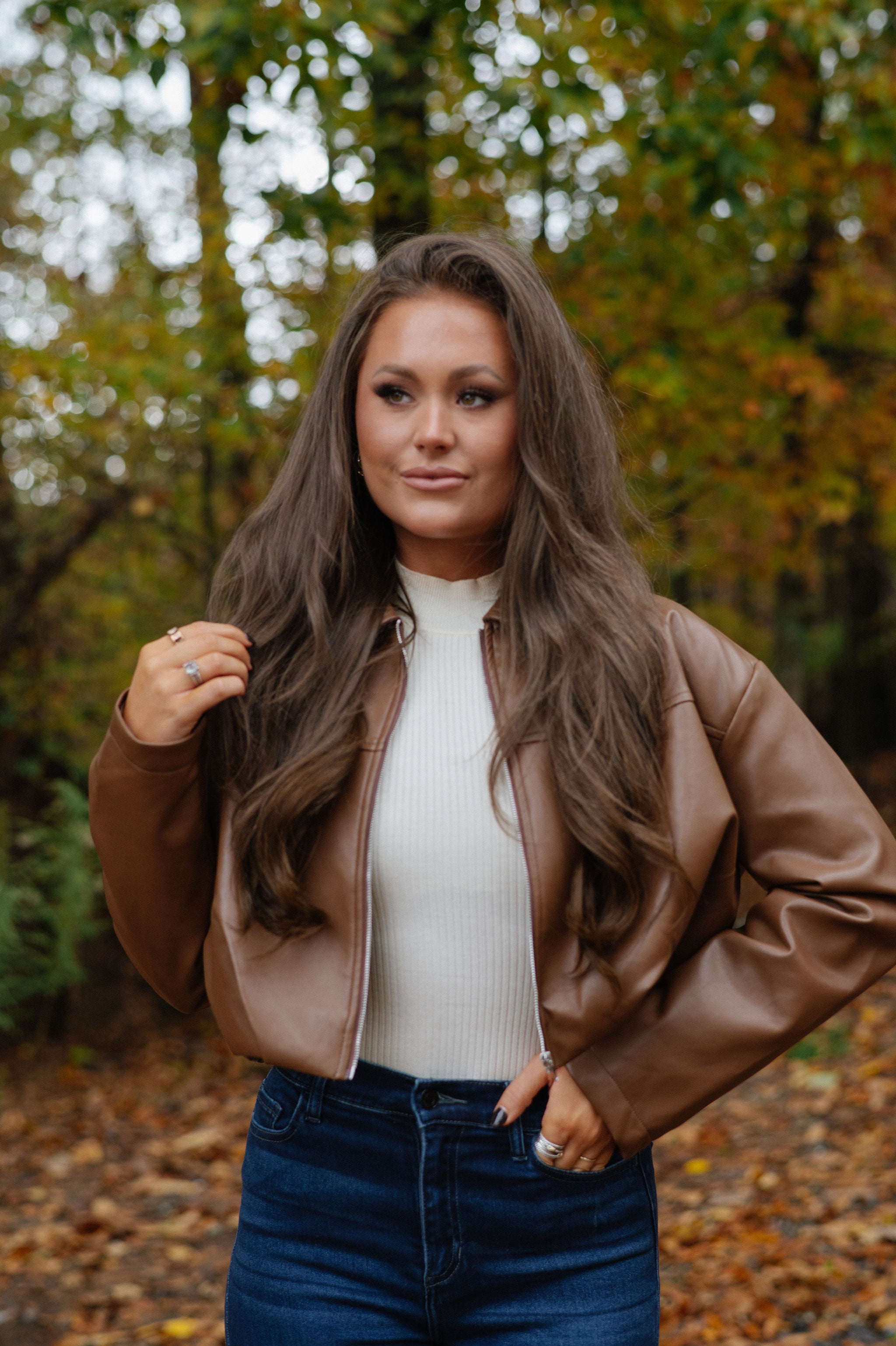 Leather Pleated Bubble Hem Jacket-Camel