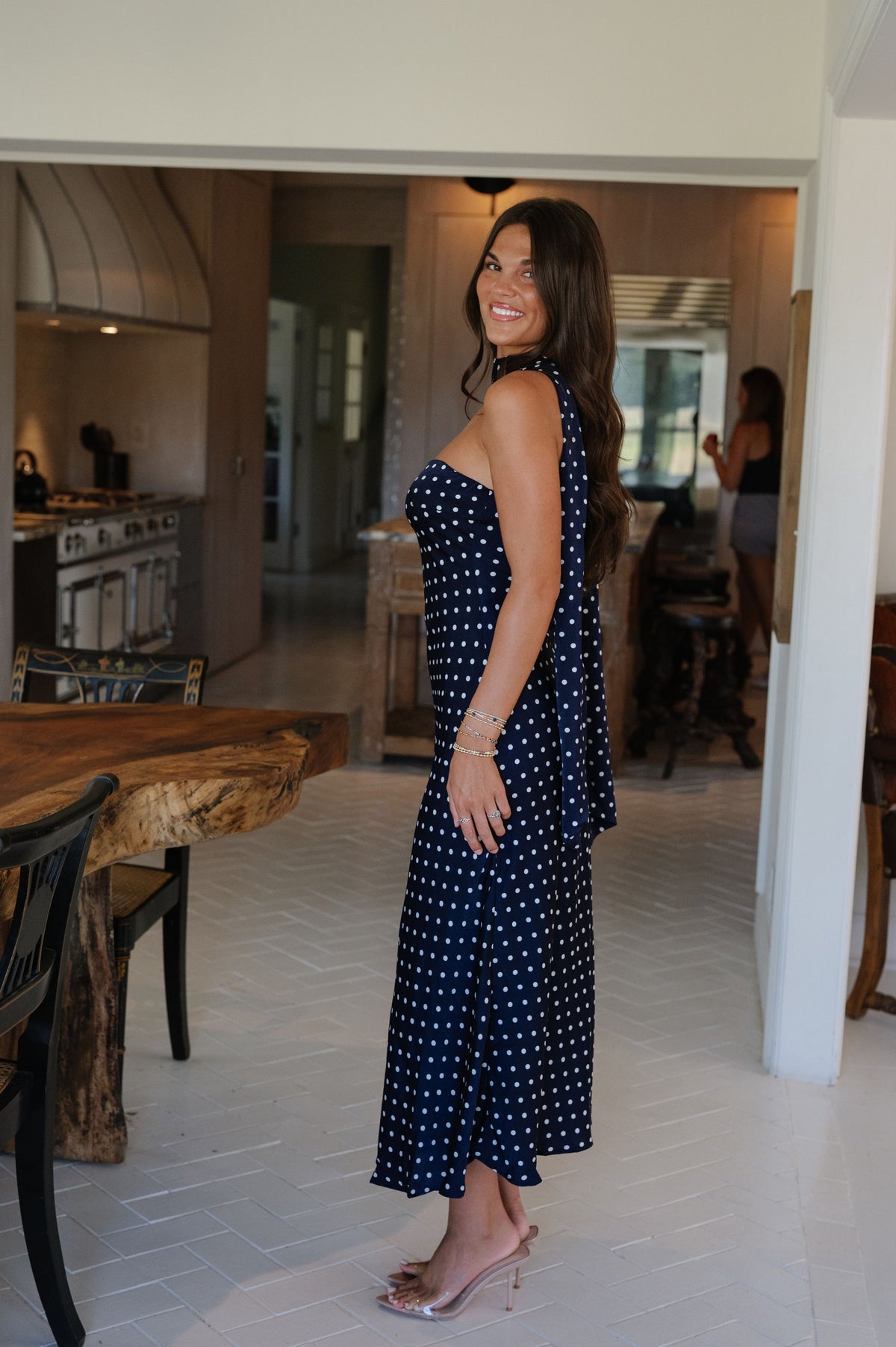 Strapless Polka Dot Midi Dress-Navy