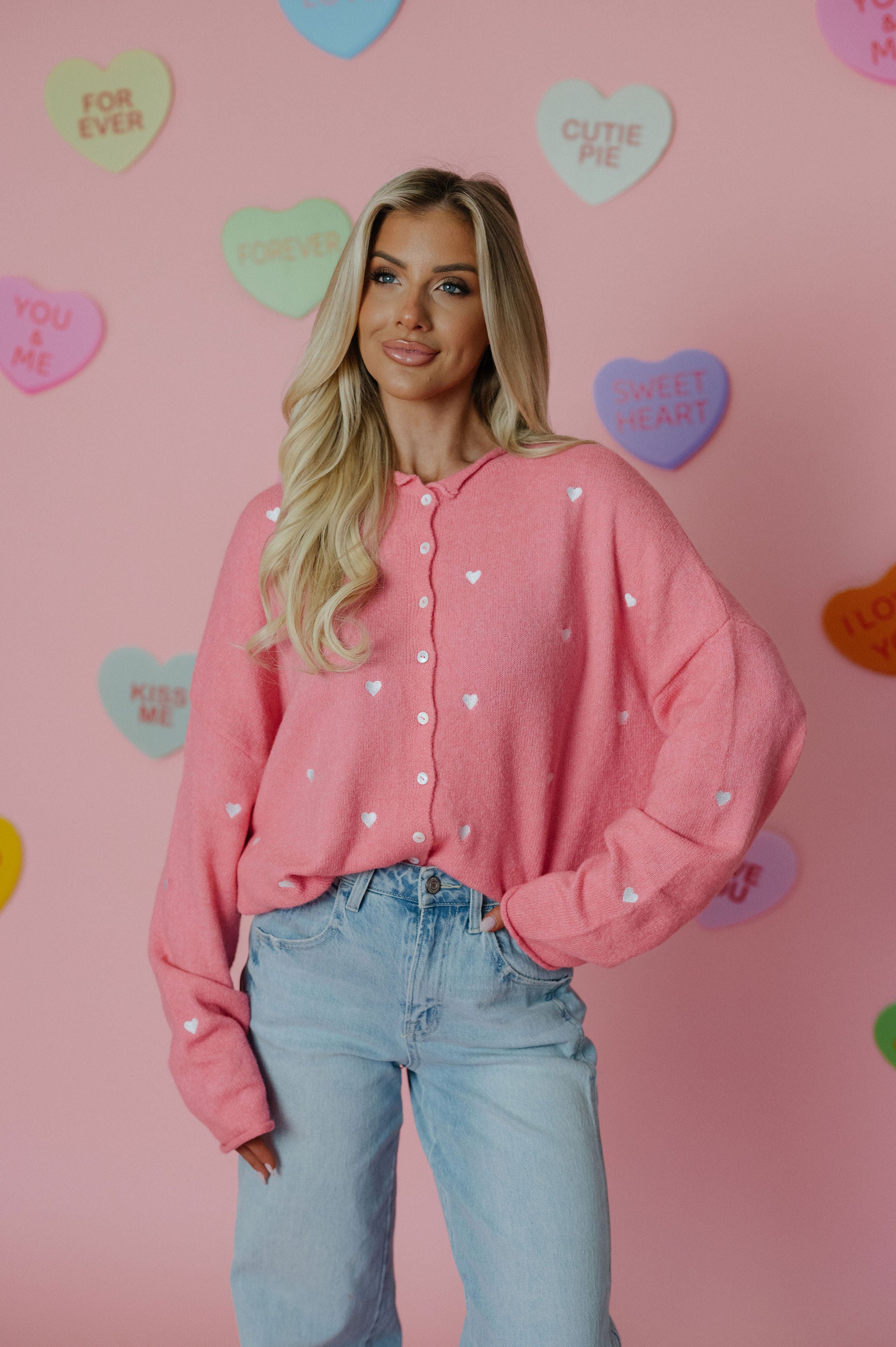 Heart Embroidered Cardigan-Rose