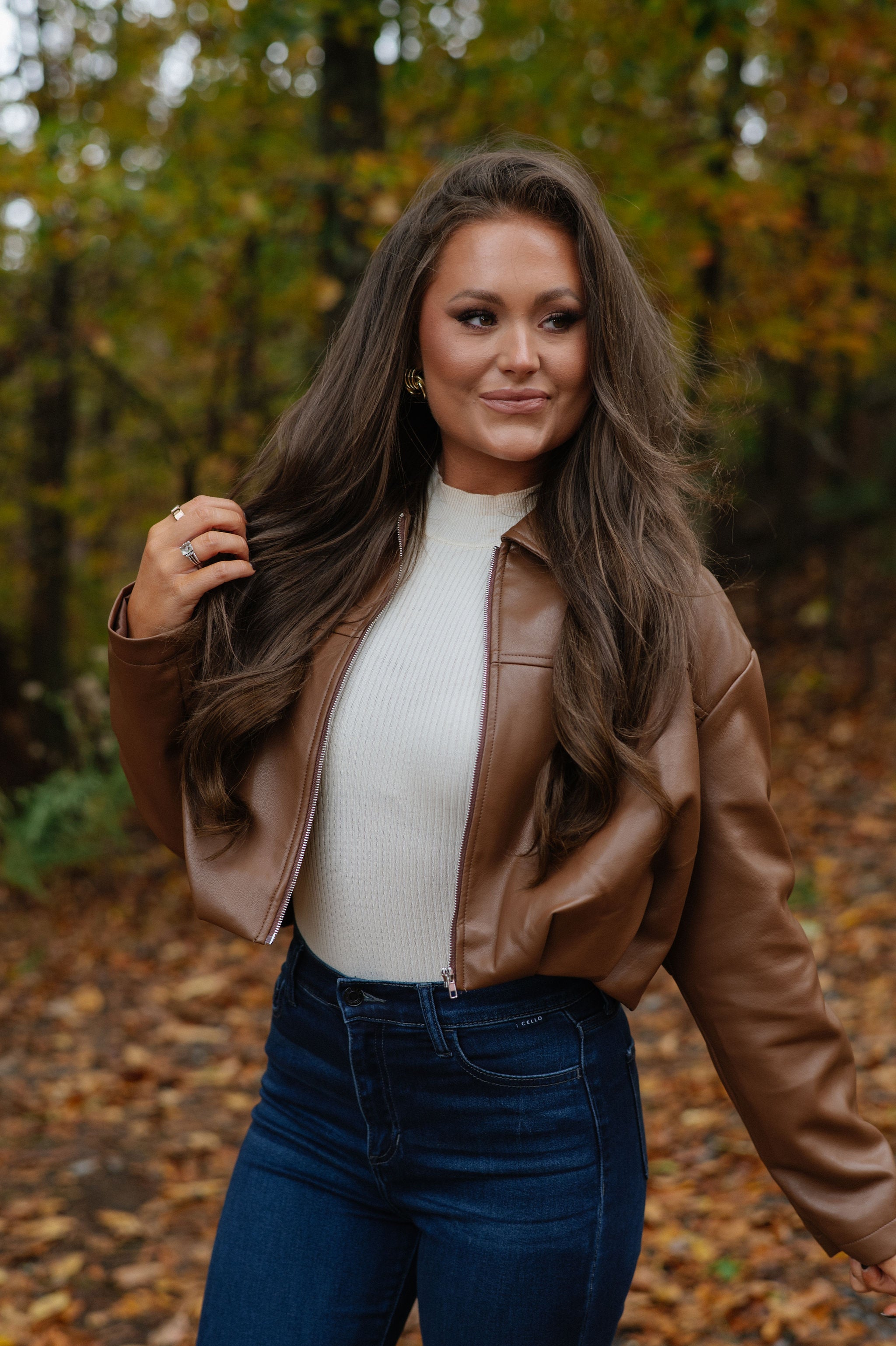 Leather Pleated Bubble Hem Jacket-Camel