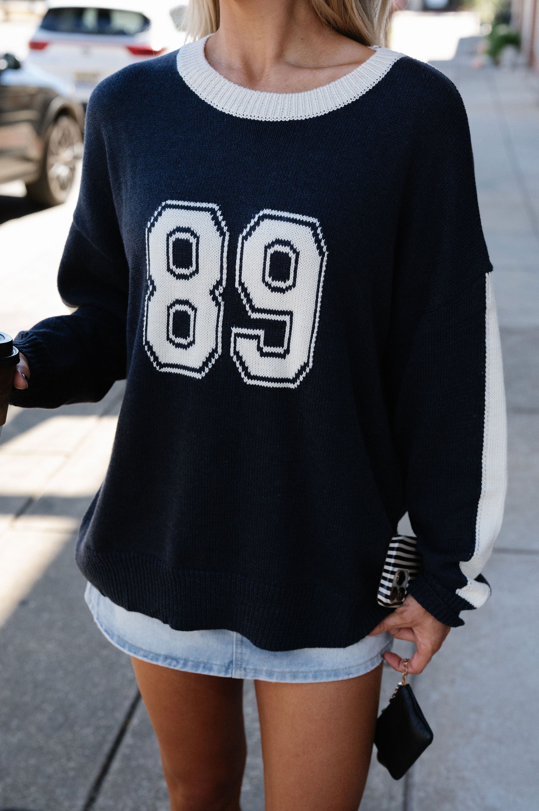 "89" Round Neck Sweater Top-Navy