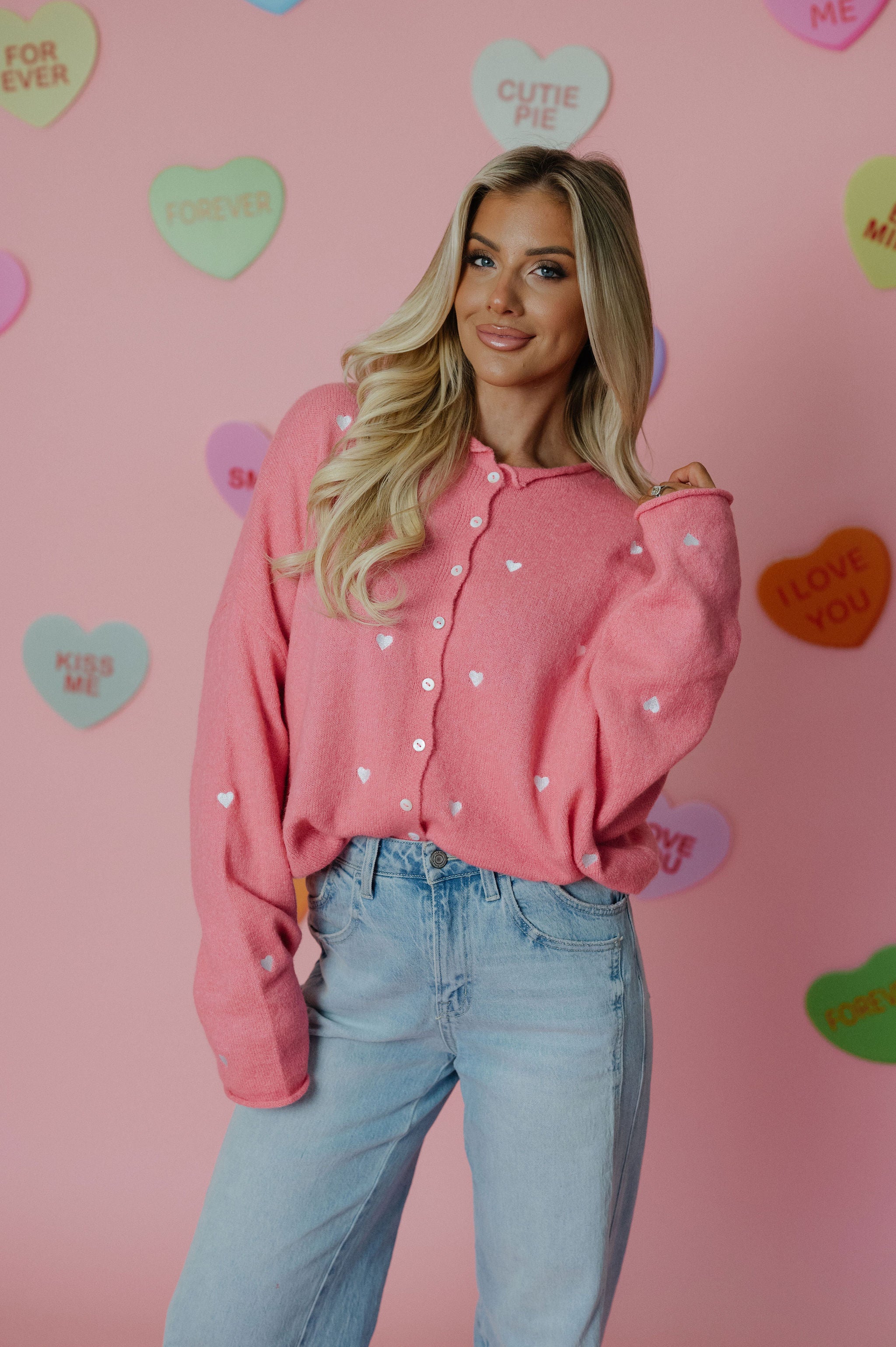 Heart Embroidered Cardigan-Rose