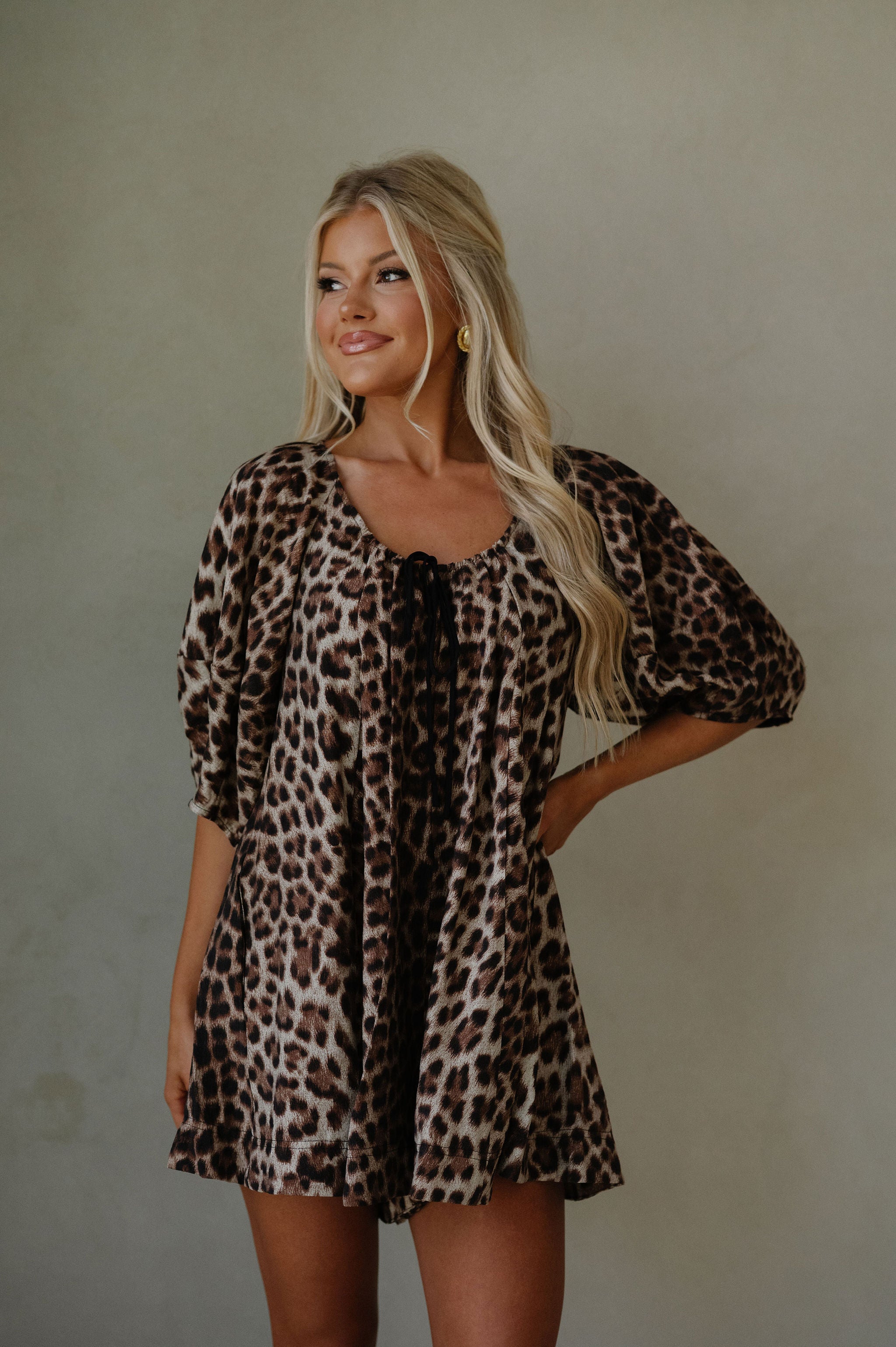 Puff Sleeve Romper-Leopard - Main Image