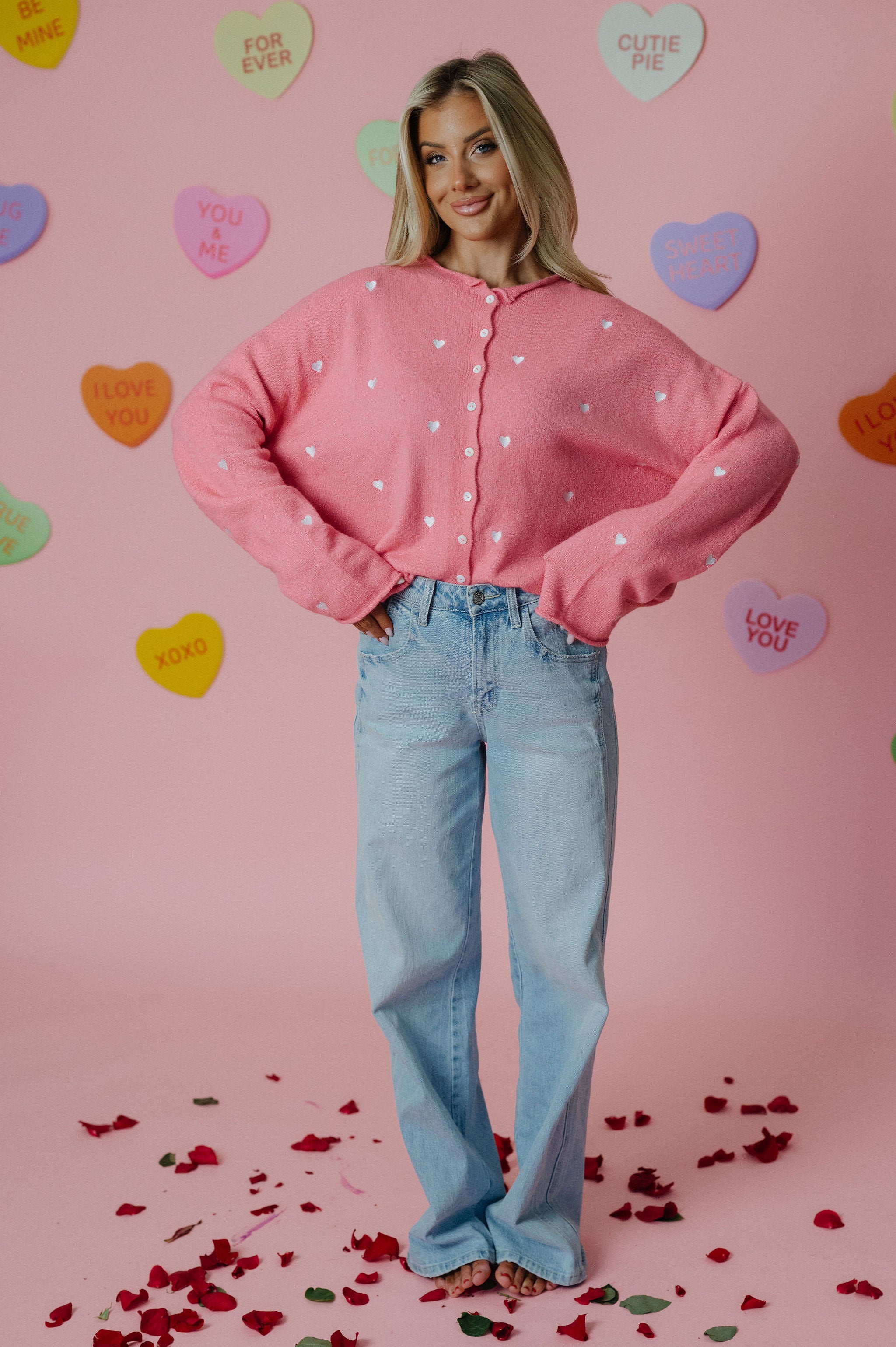 Heart Embroidered Cardigan-Rose