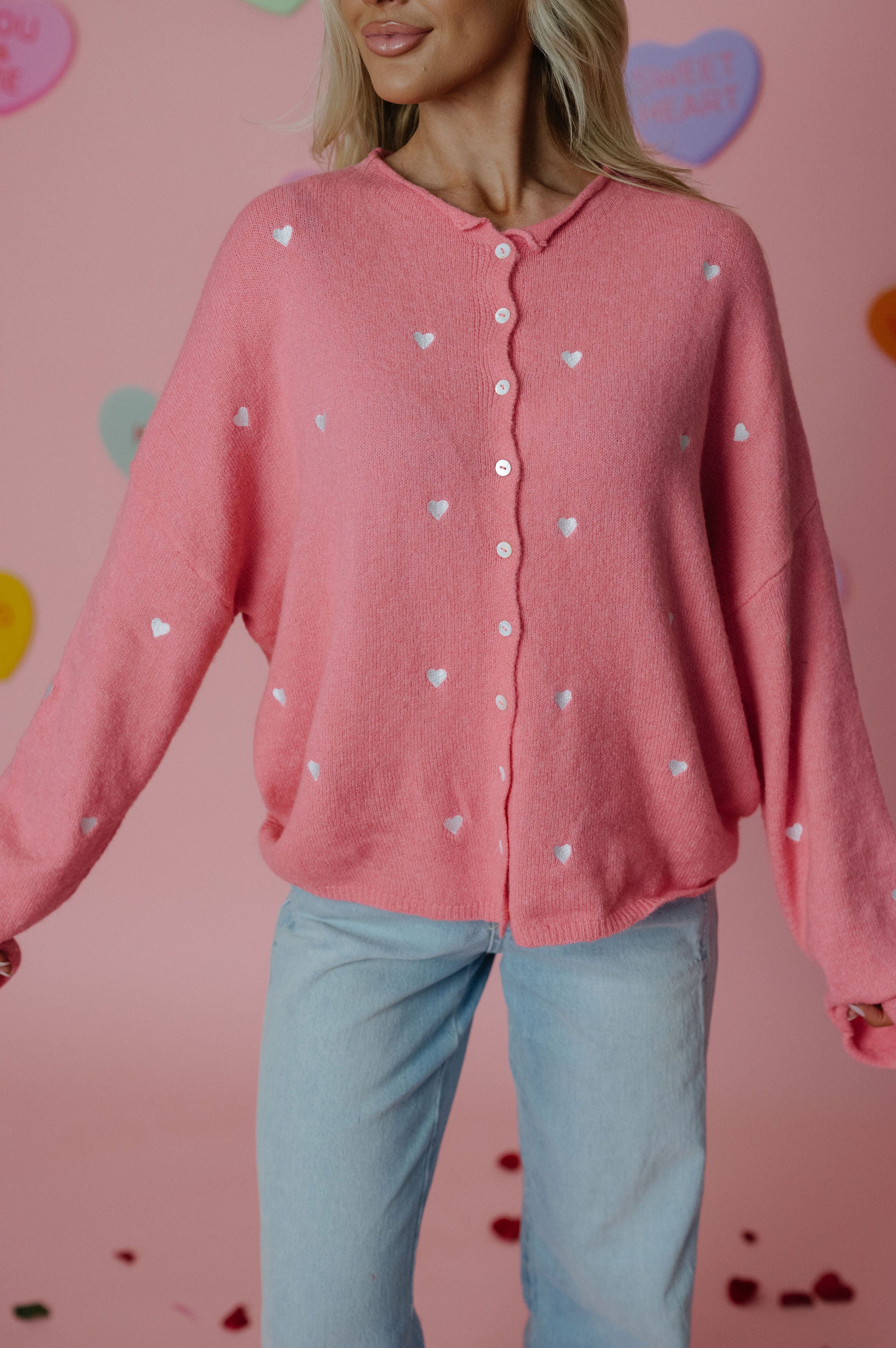 Heart Embroidered Cardigan-Rose