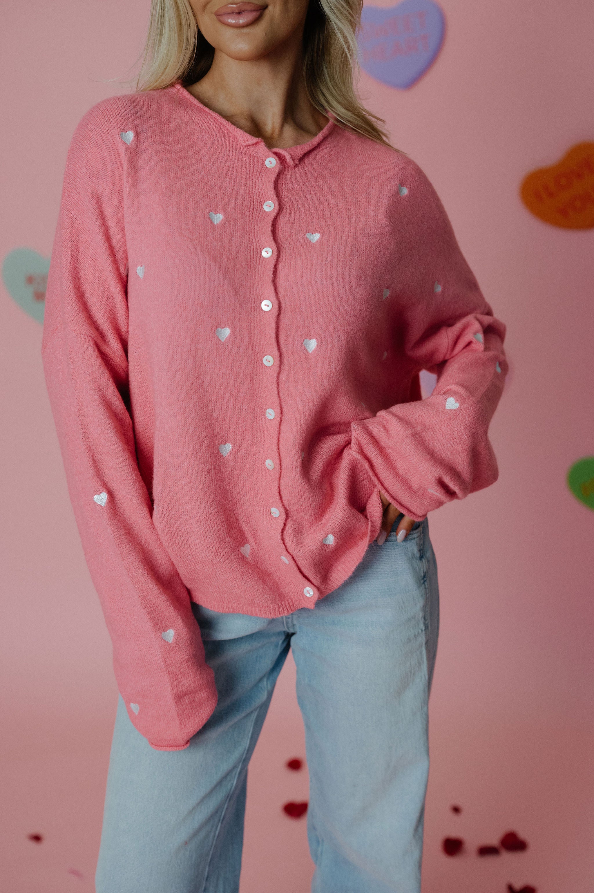 Heart Embroidered Cardigan-Rose