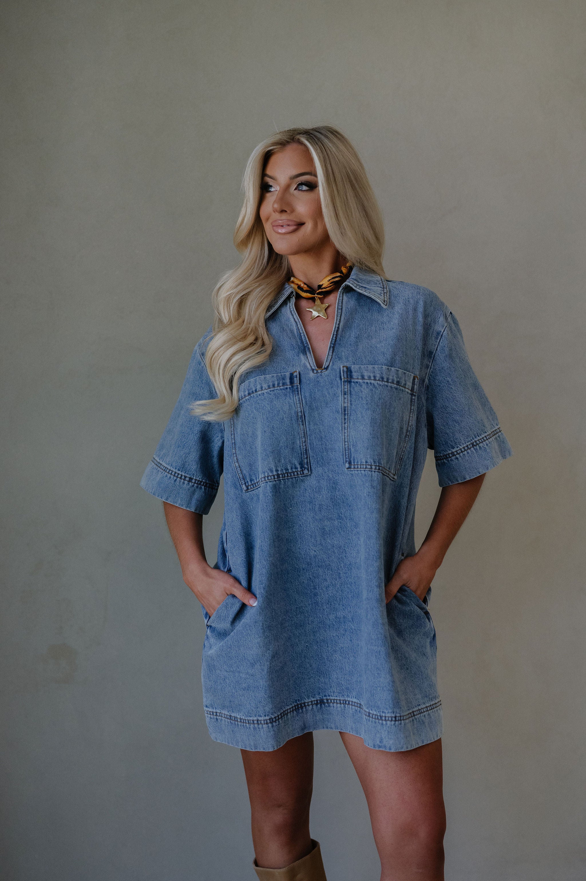 V-Neck Denim Tunic Dress