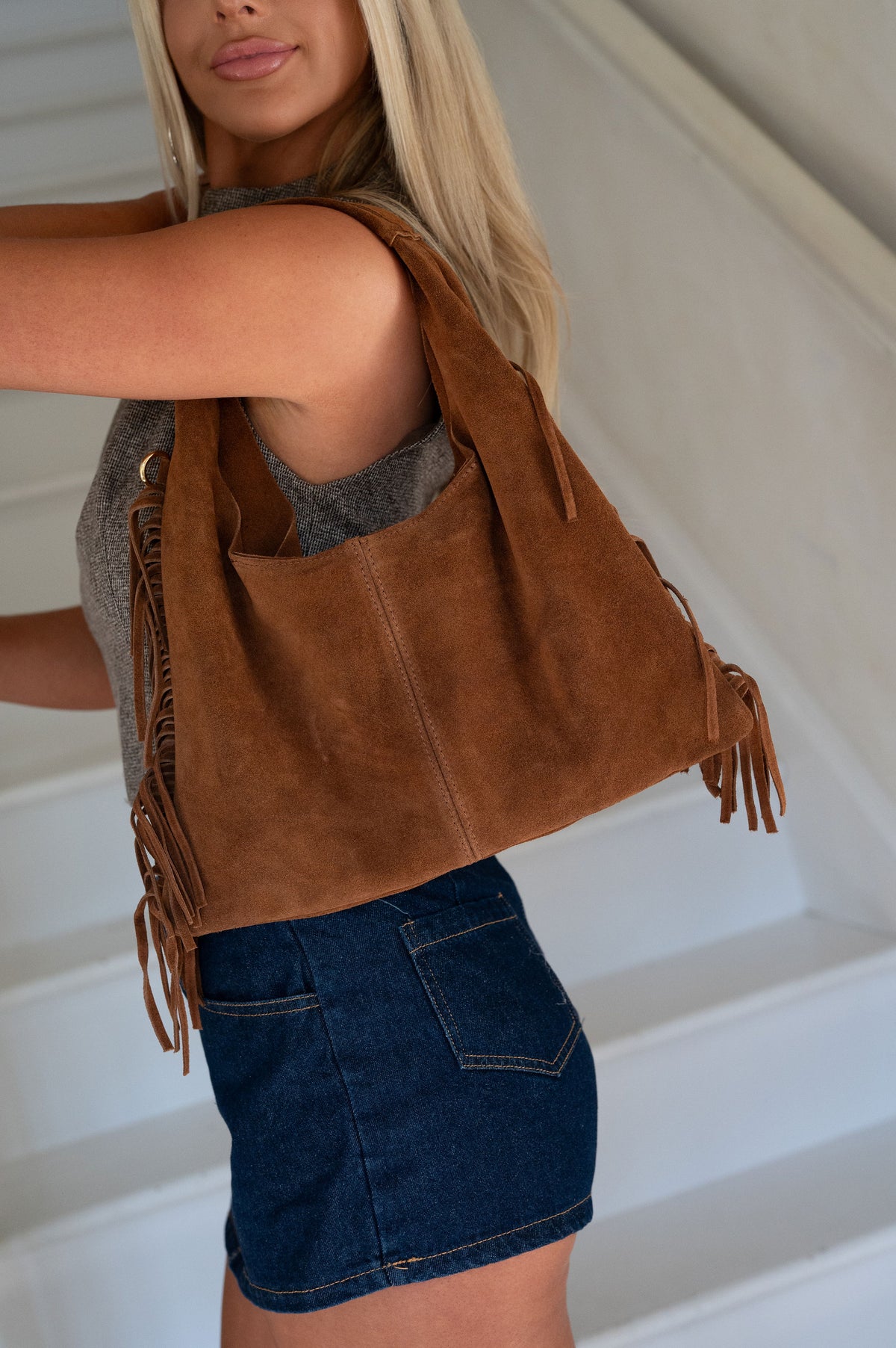 Jane Fringe Suede Purse-Cognac
