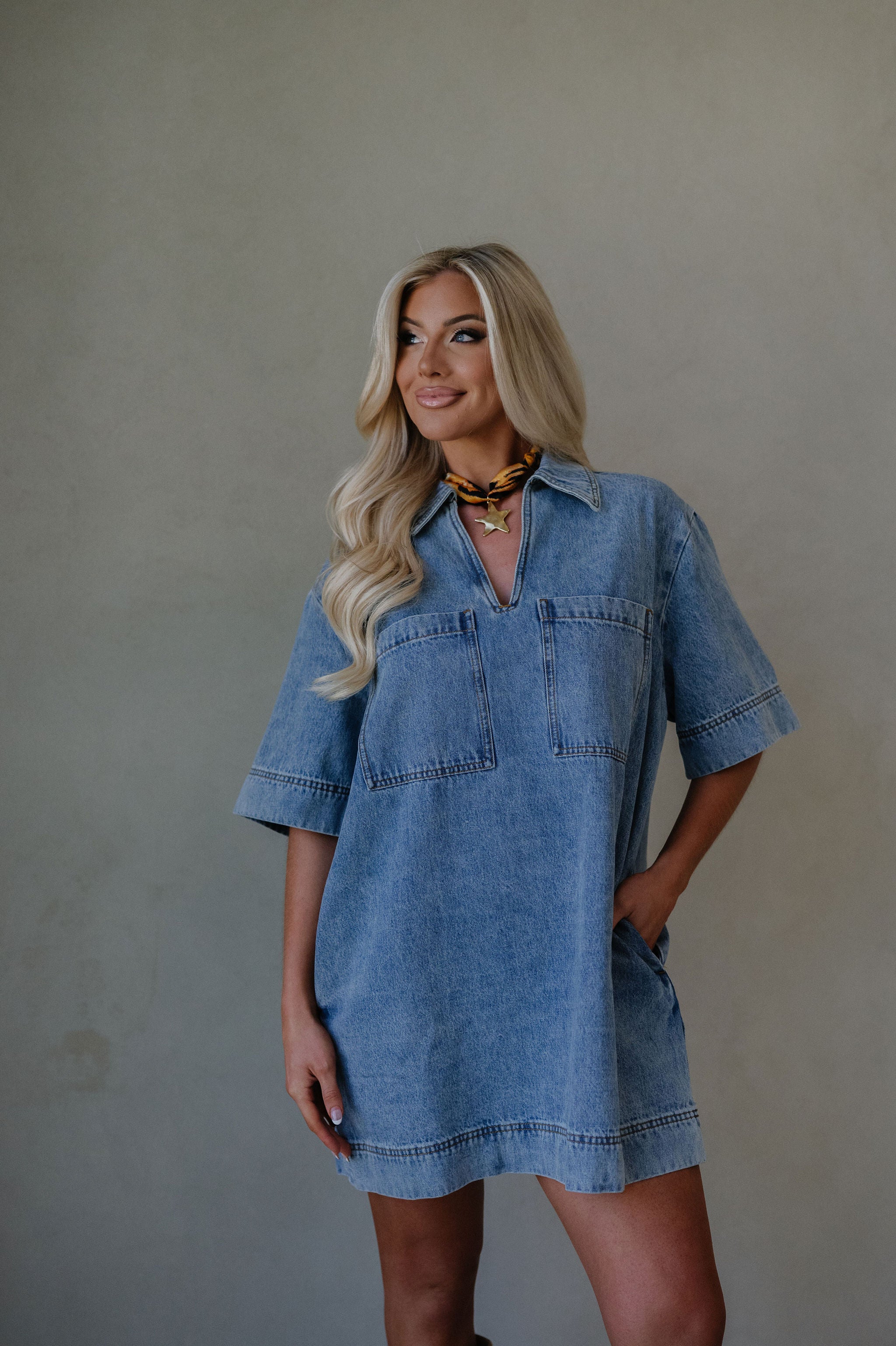V-Neck Denim Tunic Dress