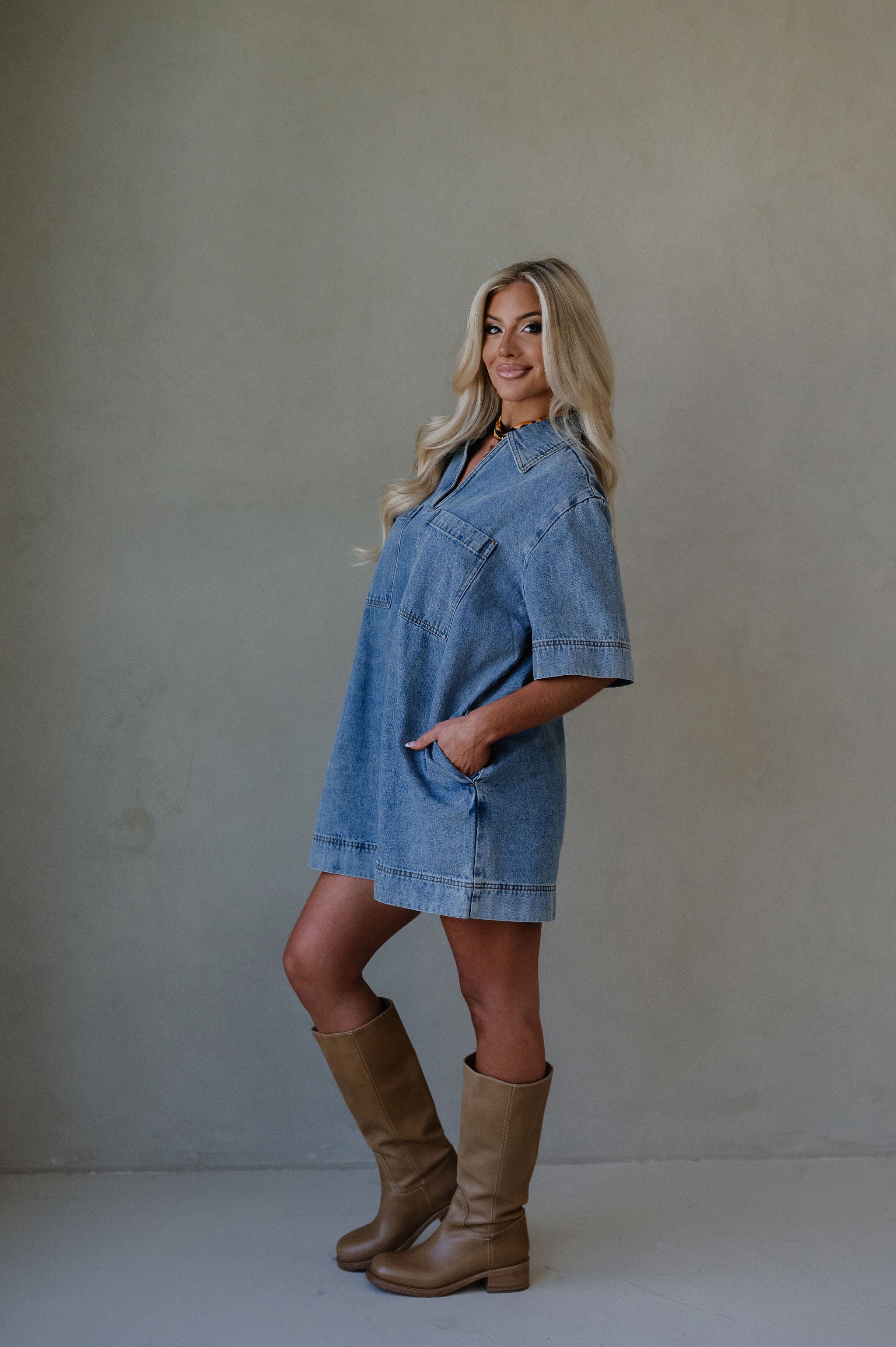 V-Neck Denim Tunic Dress