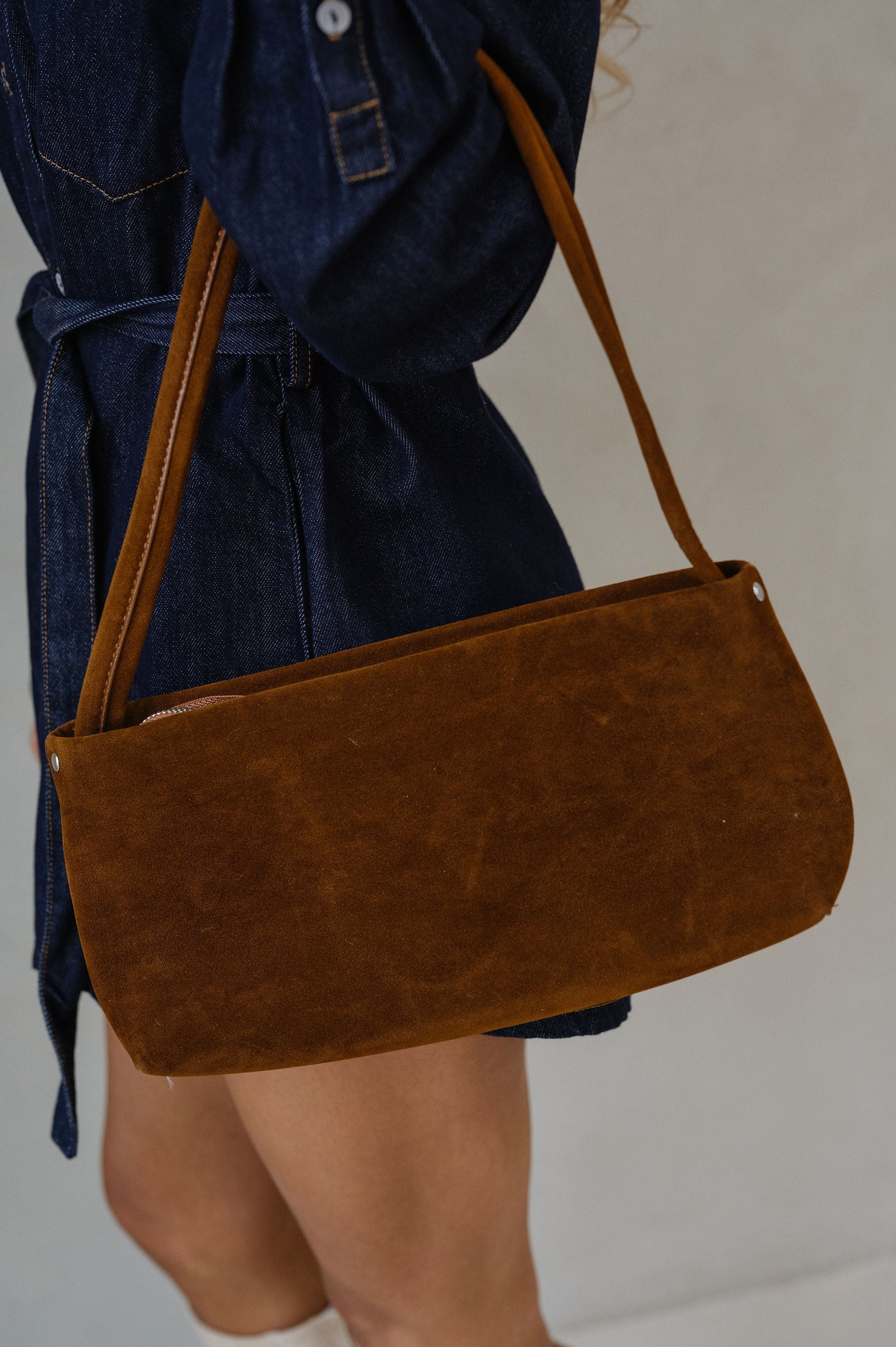 Faux Suede Rectangle Bag-Brown