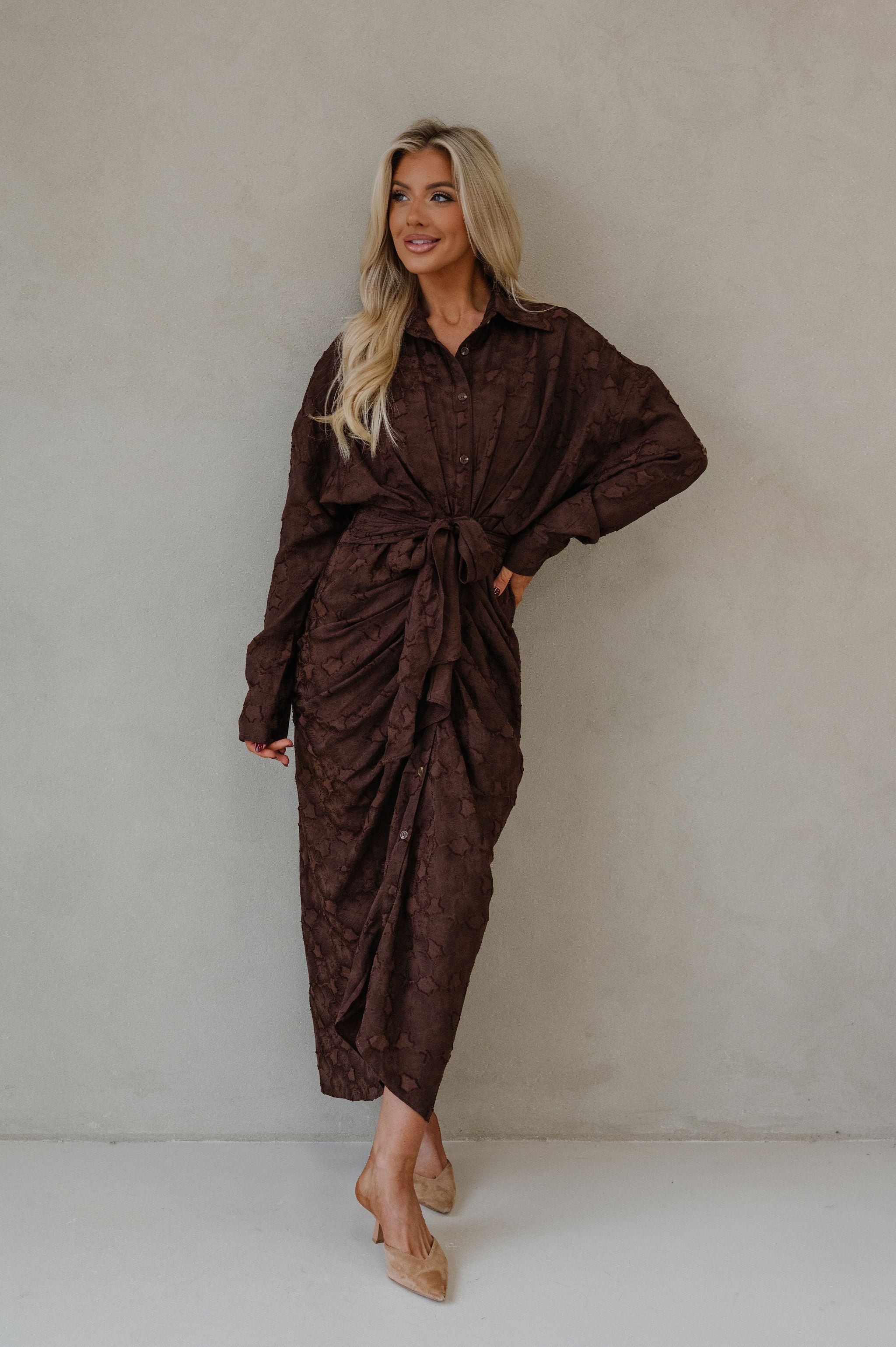 Lucy Jacquard Midi Dress-Chocolate Brown