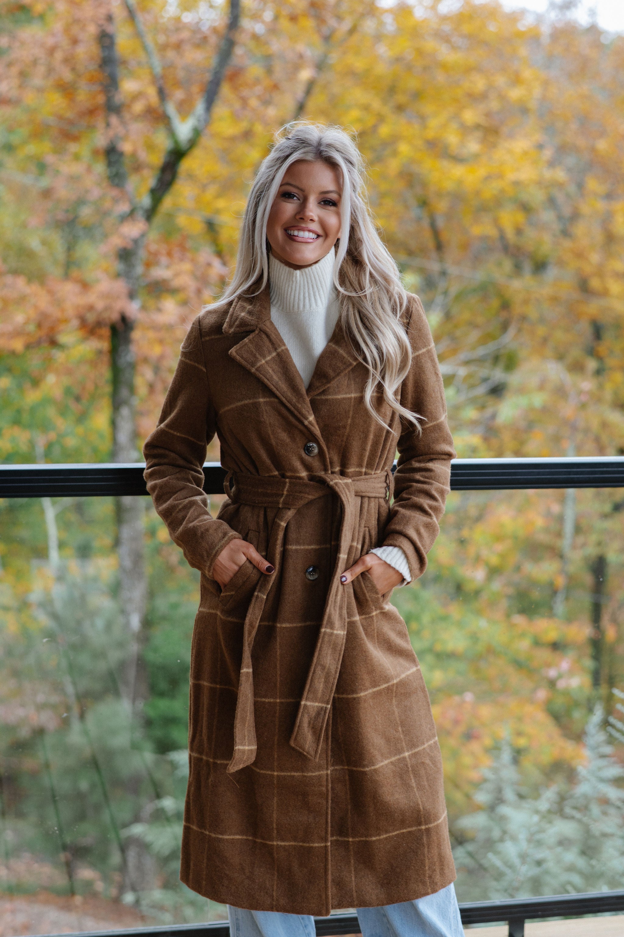 Belted Grid Overcoat-Camel