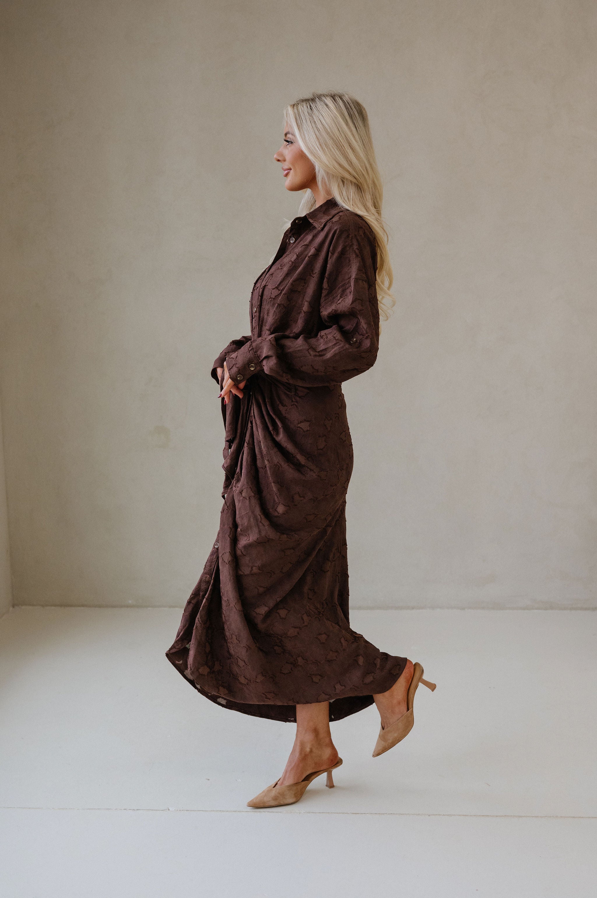 Lucy Jacquard Midi Dress-Chocolate Brown