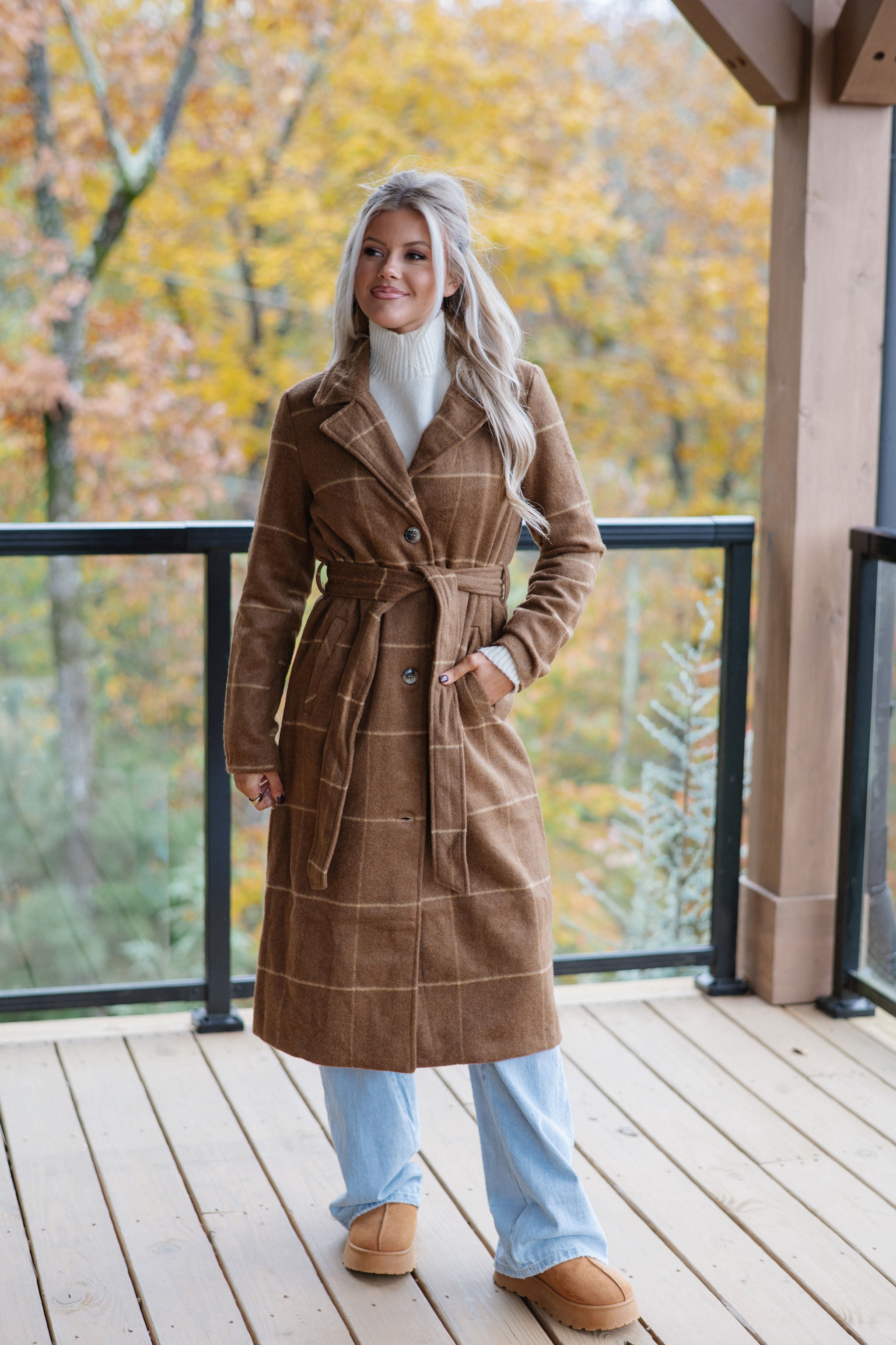 Belted Grid Overcoat-Camel
