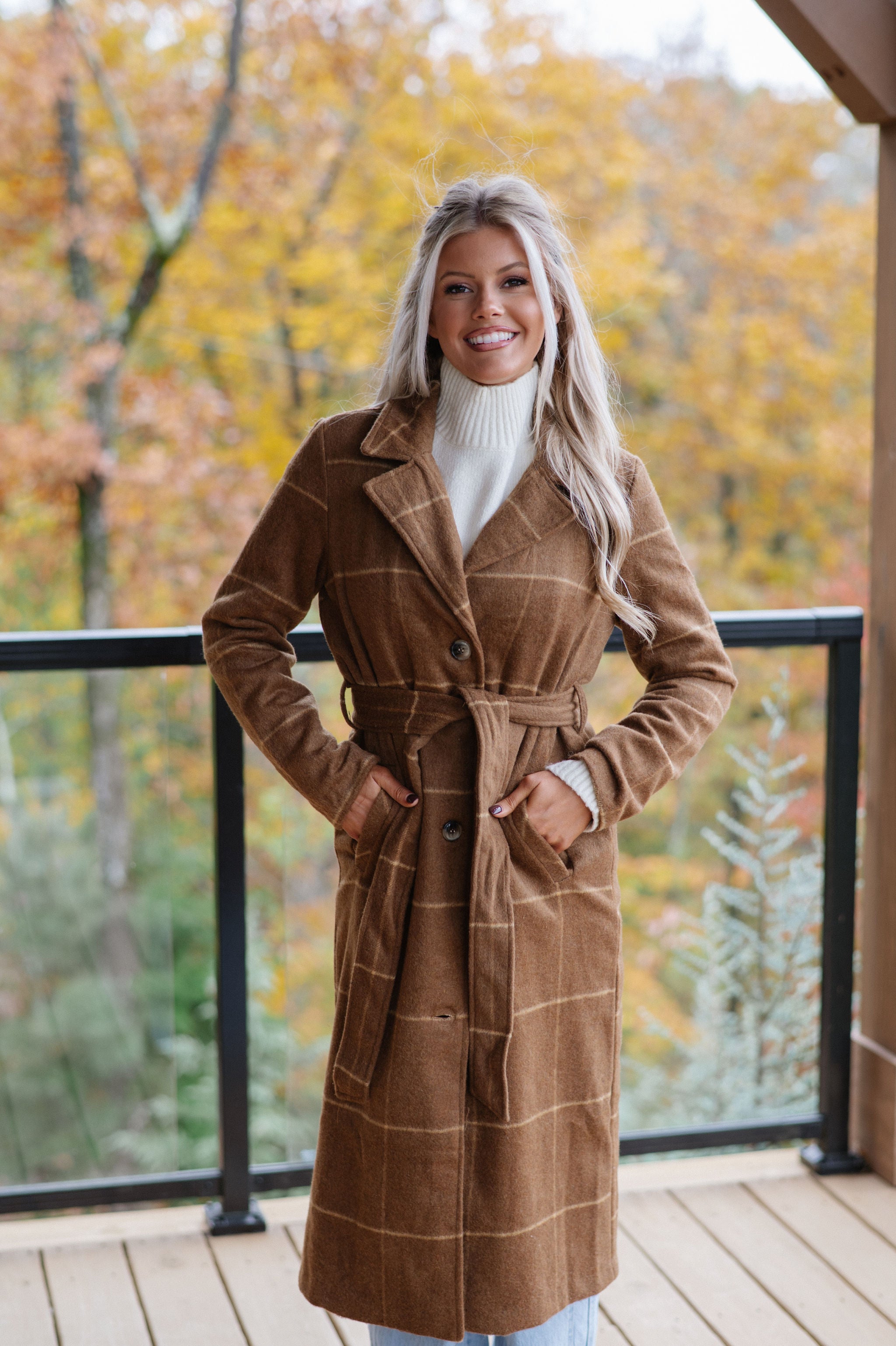 Belted Grid Overcoat-Camel