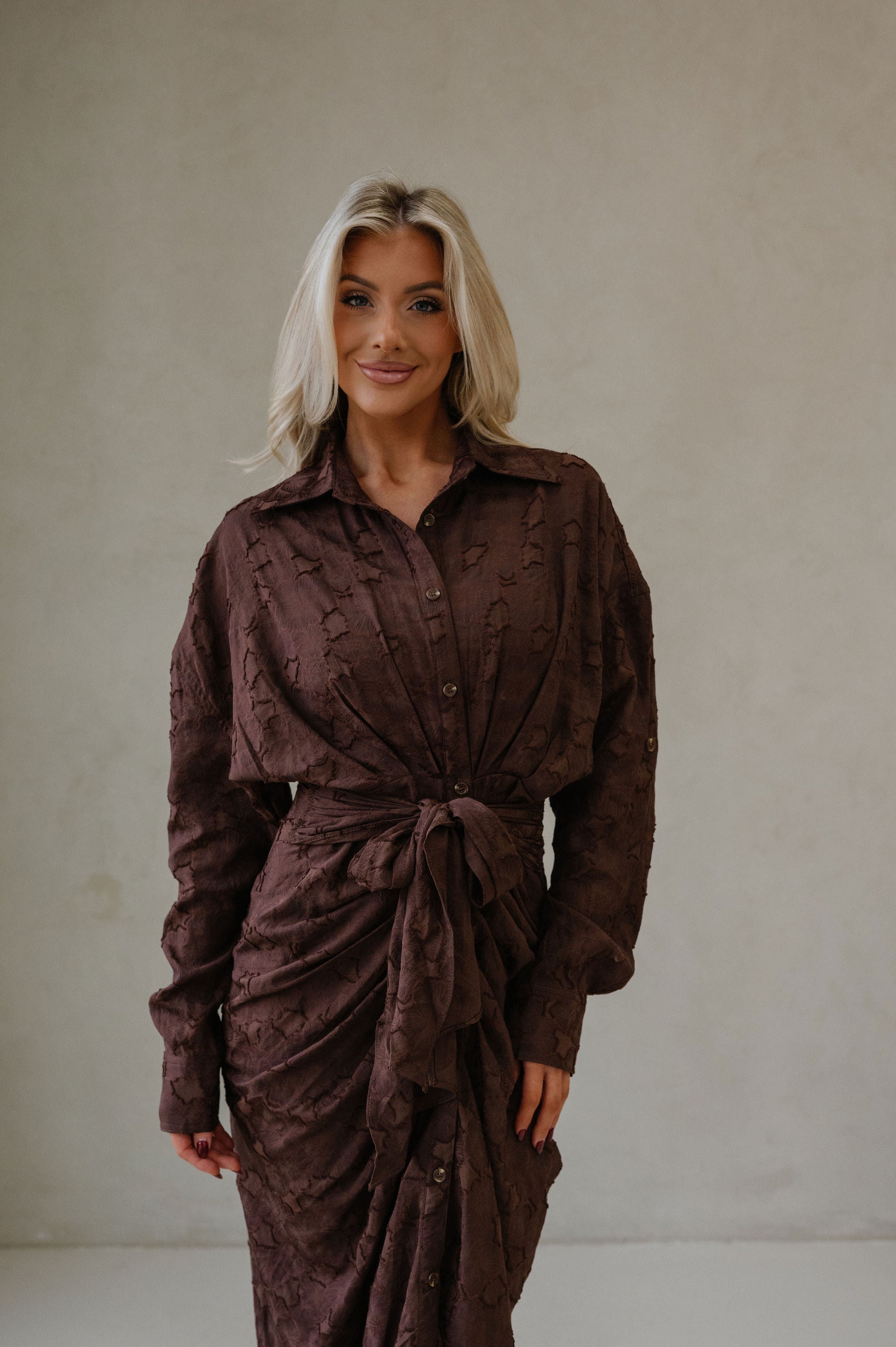 Lucy Jacquard Midi Dress-Chocolate Brown